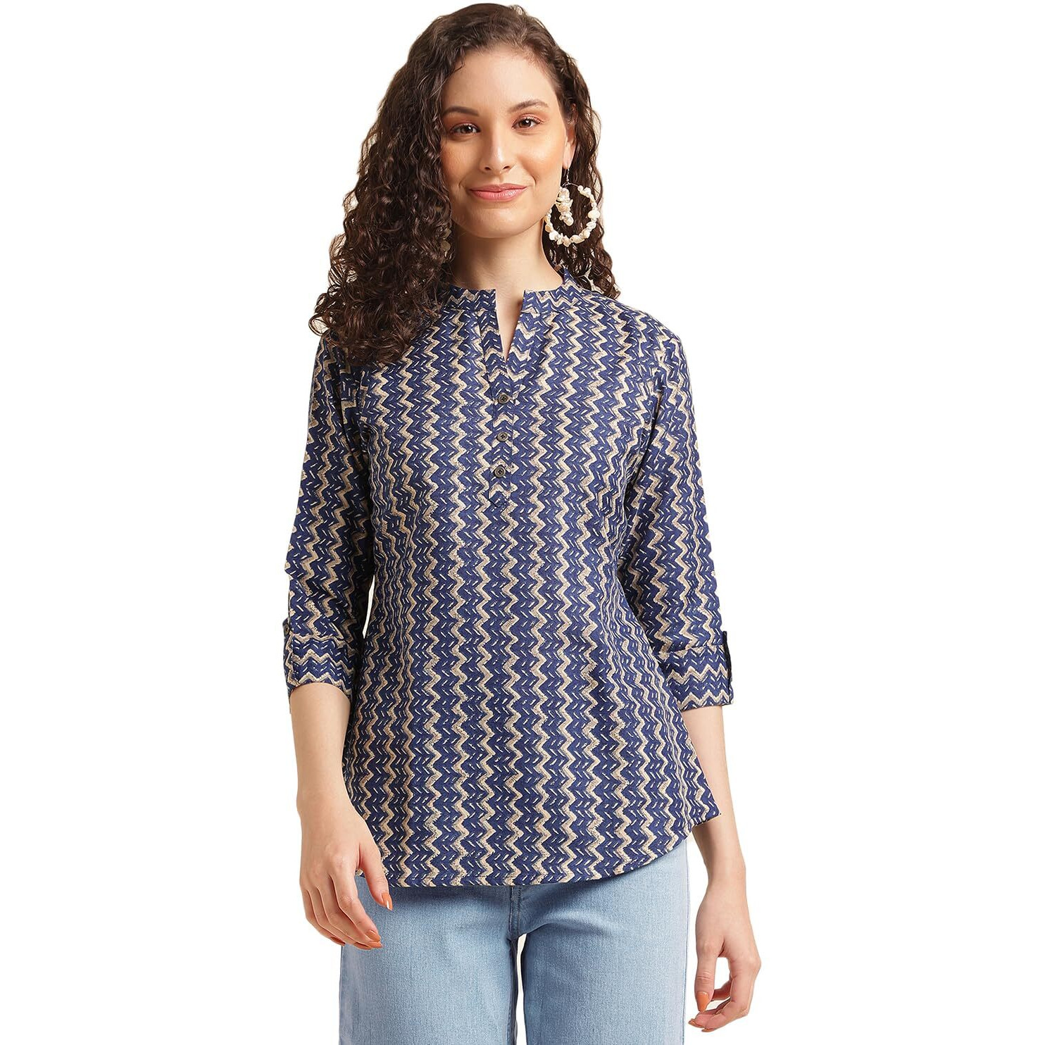 Nainvish Women's Cotton Blend Mandarin Neck Regular Fit Printed Top (Sd495_M_Blue)