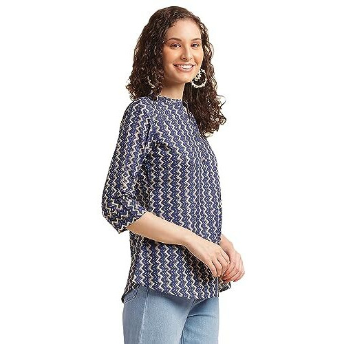 Nainvish Women's Cotton Blend Mandarin Neck Regular Fit Printed Top (Sd495_M_Blue)