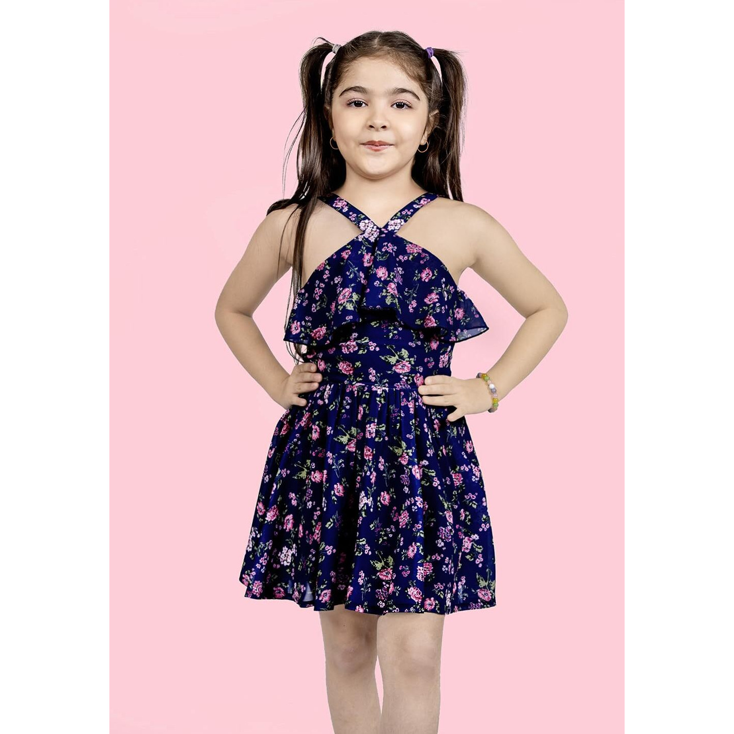 Naughty Ninos Girls Navy Blue Floral Printed Flared Dress (Nn00991Drs_11-12 Years)