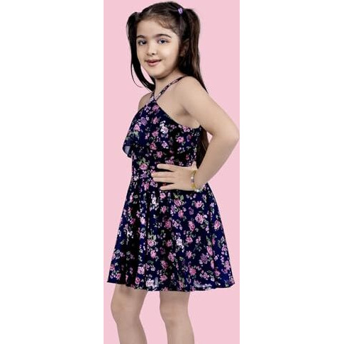Naughty Ninos Girls Navy Blue Floral Printed Flared Dress (Nn00991Drs_11-12 Years)