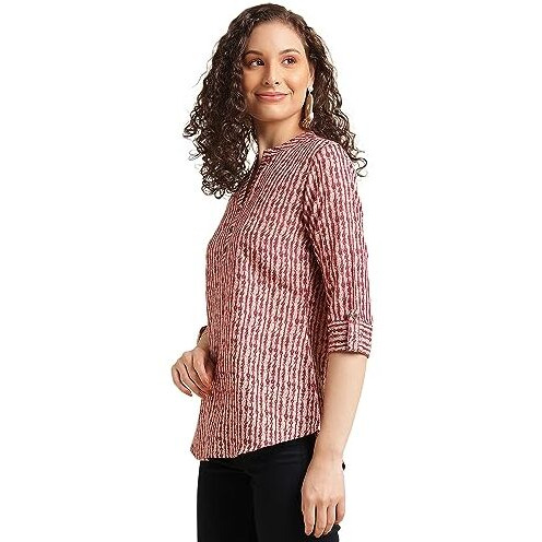 Nainvish Women's Cotton Blend Printed Straight Mandarin Neck Top (Sd492_T-Xs_Red)