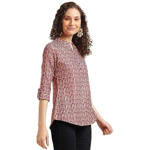 Nainvish Women's Cotton Blend Printed Straight Mandarin Neck Top (Sd492_T-Xs_Red)