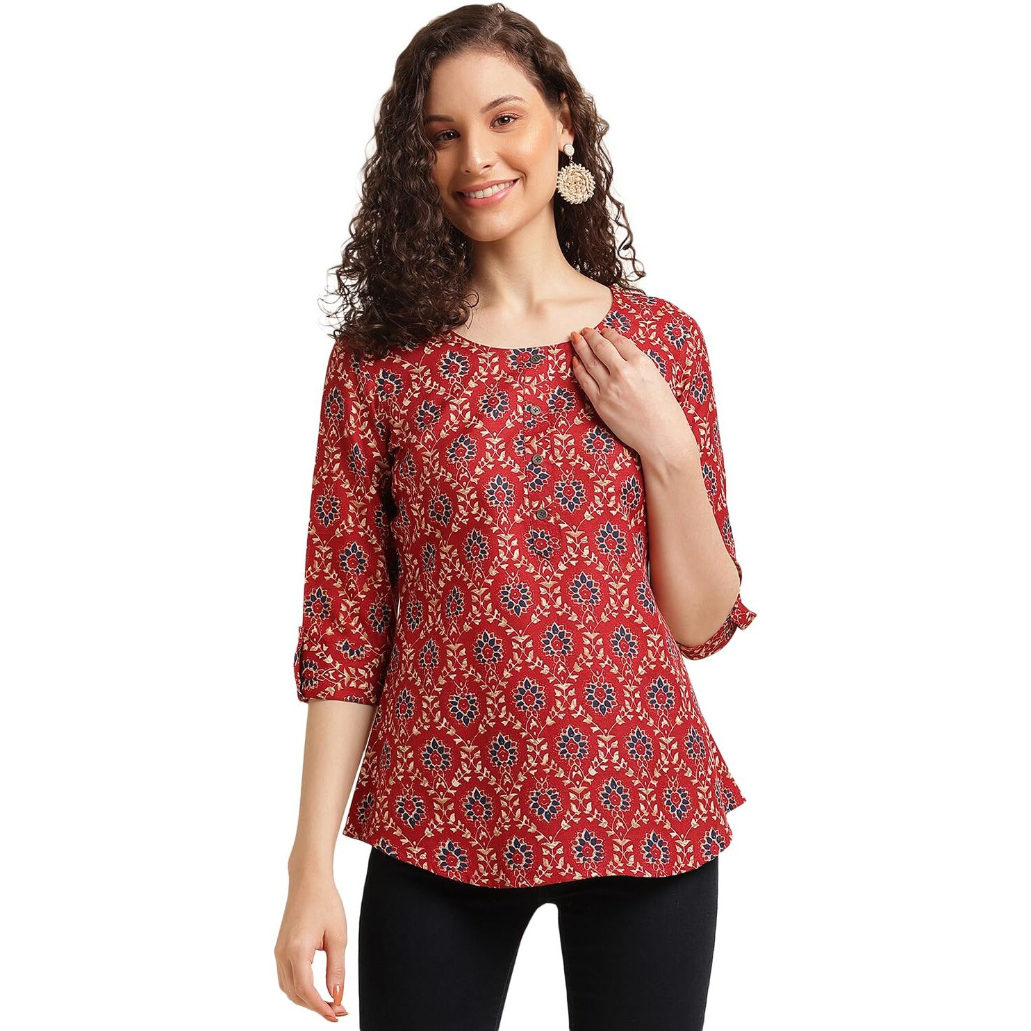 Nainvish Women's Cotton Blend Printed Straight Round Neck Top (Sd486_T-Xxl_Red)