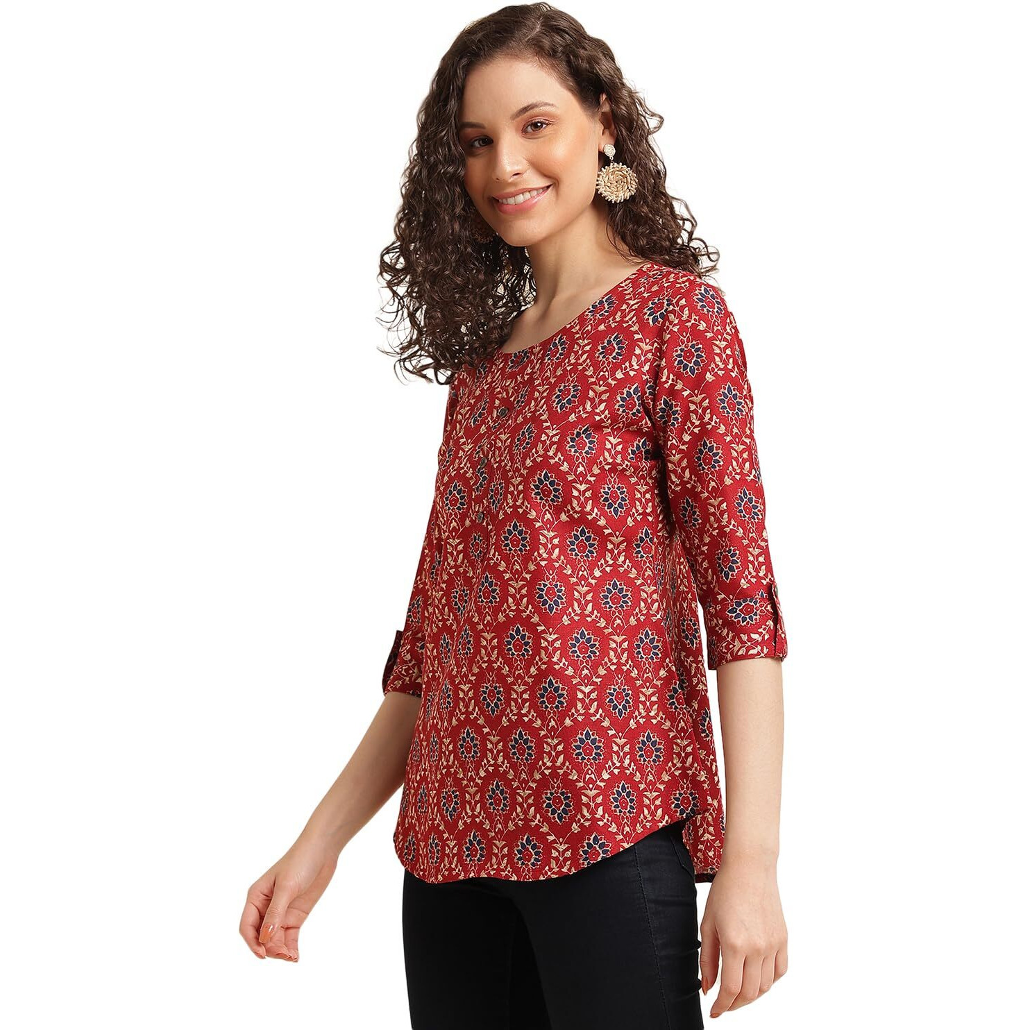 Nainvish Women's Cotton Blend Printed Straight Round Neck Top (Sd486_T-Xxl_Red)