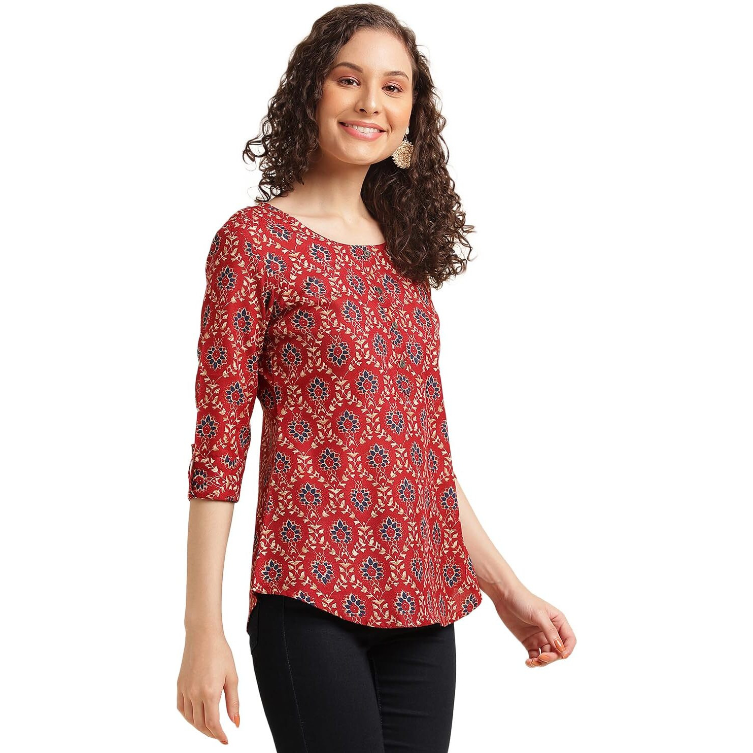 Nainvish Women's Cotton Blend Printed Straight Round Neck Top (Sd486_T-Xxl_Red)