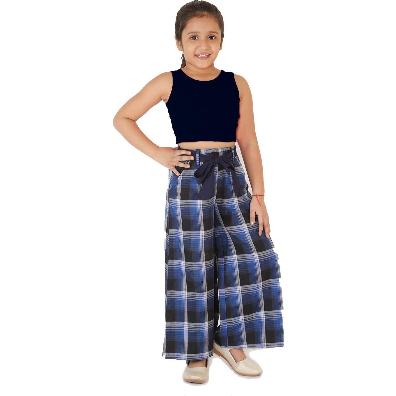 Naughty Ninos Girls Navy Blue & Black Checked Clothing Set(Nn00656Drs_Navy Blue_7-8 Years)