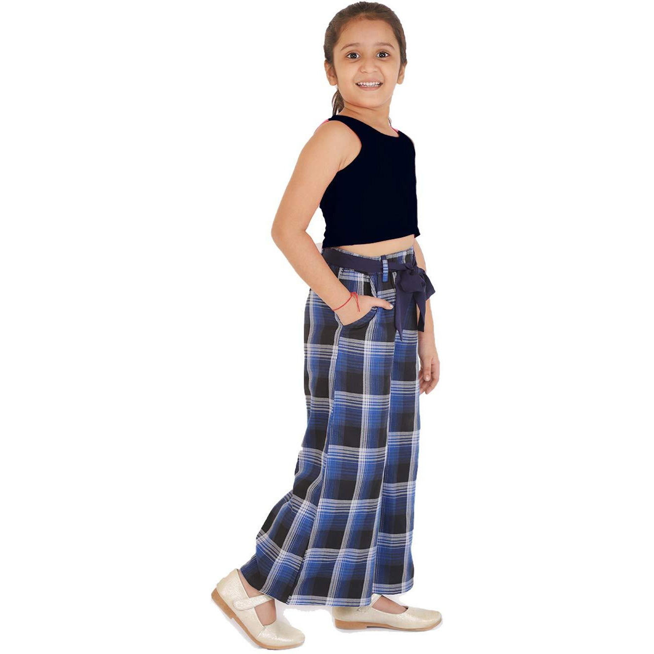 Naughty Ninos Girls Navy Blue & Black Checked Clothing Set(Nn00656Drs_Navy Blue_7-8 Years)