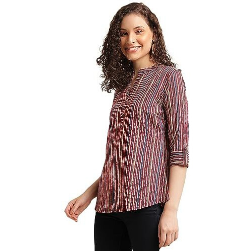 Nainvish Women's Cotton Blend Mandarincollar Regular Fit Printed Top (Sd498_T_Xl_Multicolor)