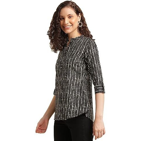 Nainvish Women's Cotton Blend Mandarin Neck Regular Fit Printed Top (Sd496_Xs_Black)