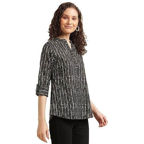 Nainvish Women's Cotton Blend Mandarin Neck Regular Fit Printed Top (Sd496_Xs_Black)