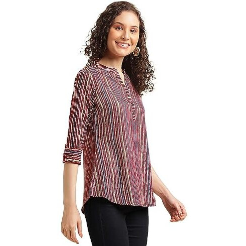 Nainvish Women's Cotton Blend Mandarincollar Regular Fit Printed Top (Sd498_T_S_Multicolor)