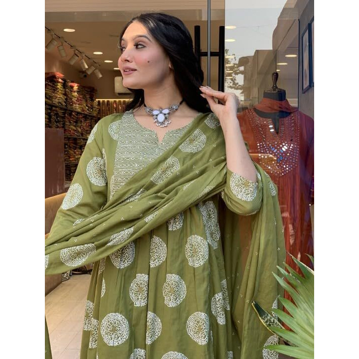 Nermosa Women Printed Anarkali Kurta And Pant Set With Dupatta (In, Alpha, M, Green)