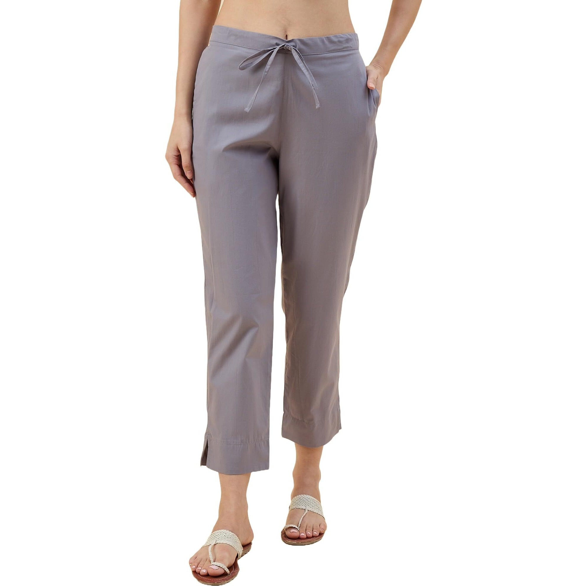 Nermosa Women Cotton Pant Elasticated Waist Regular Slim Fit Trouser, Pocket Pants For Office School Formal Casual Daily Use (In, Alpha, L, Regular, Grey)