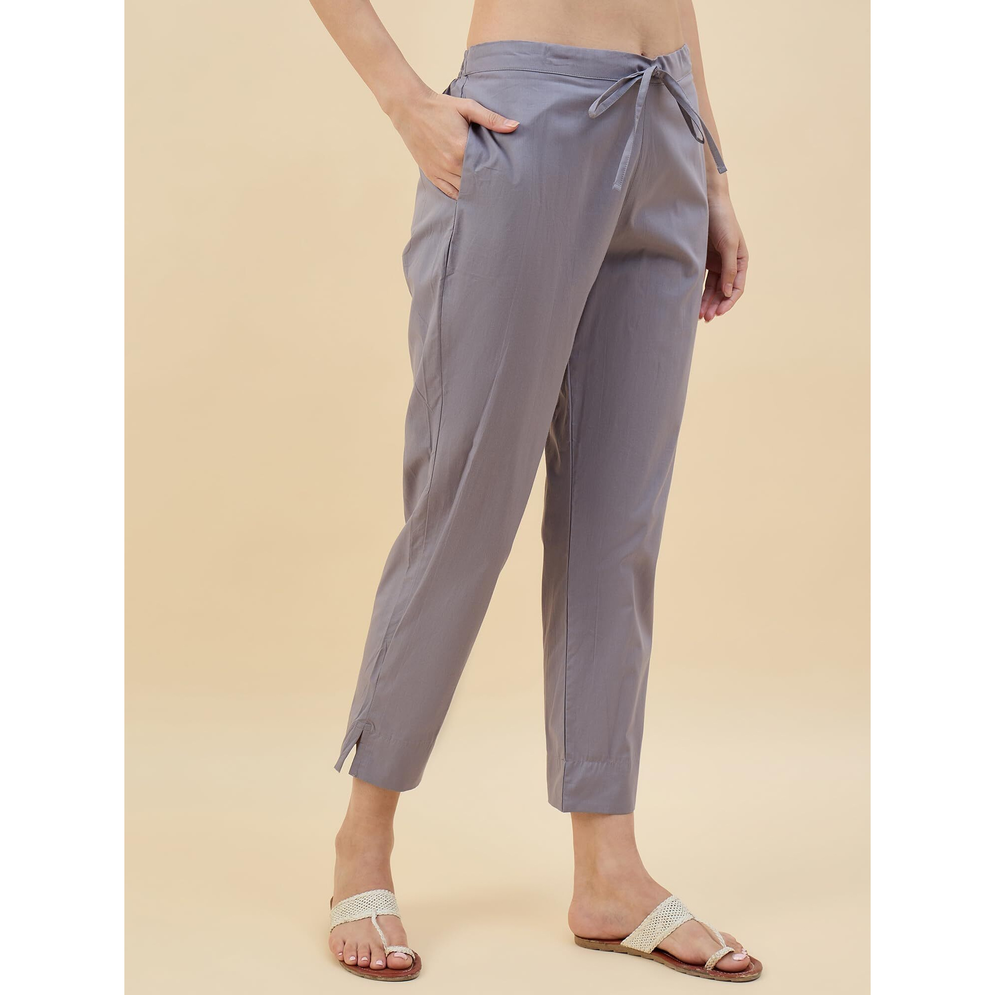 Nermosa Women Cotton Pant Elasticated Waist Regular Slim Fit Trouser, Pocket Pants For Office School Formal Casual Daily Use (In, Alpha, L, Regular, Grey)