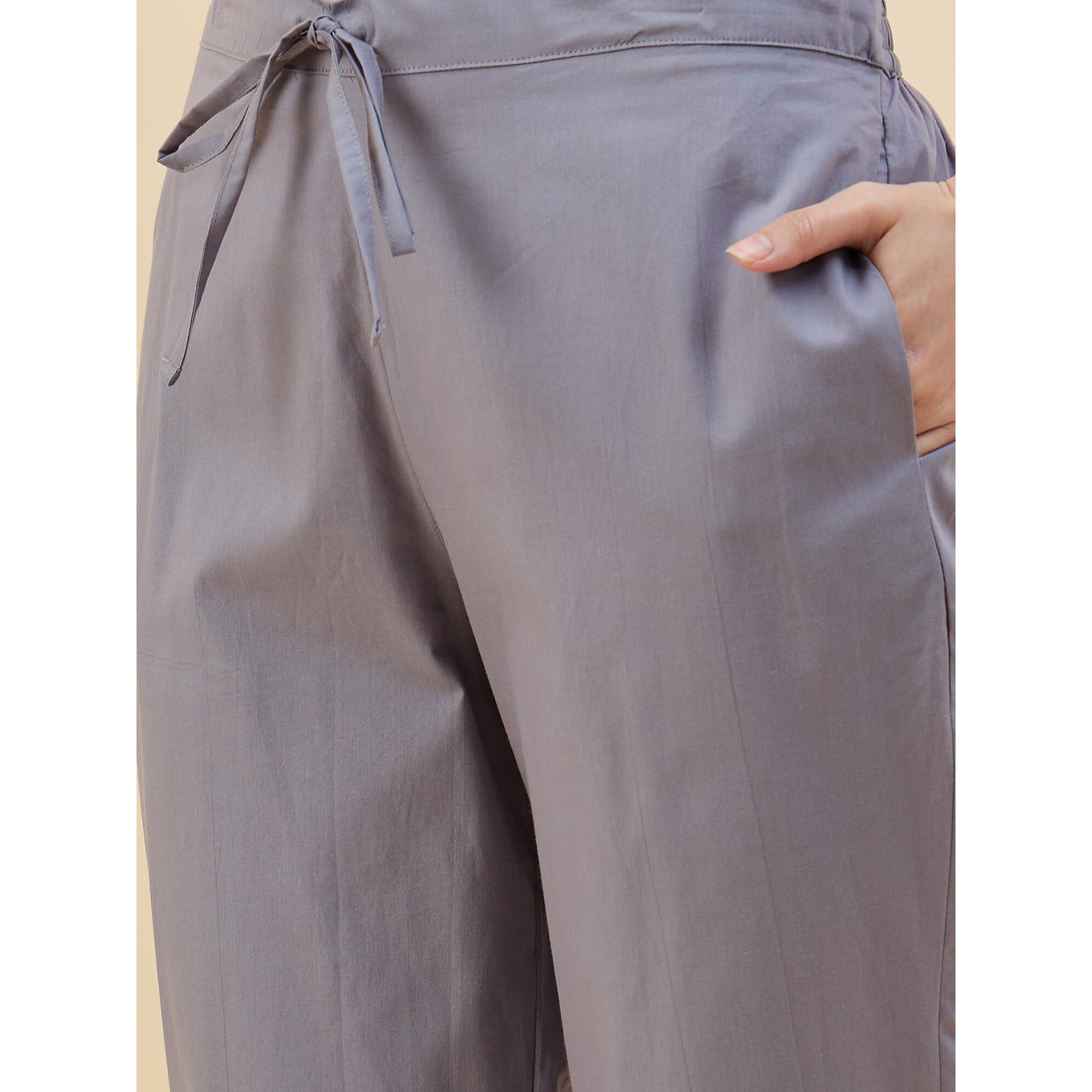 Nermosa Women Cotton Pant Elasticated Waist Regular Slim Fit Trouser, Pocket Pants For Office School Formal Casual Daily Use (In, Alpha, L, Regular, Grey)