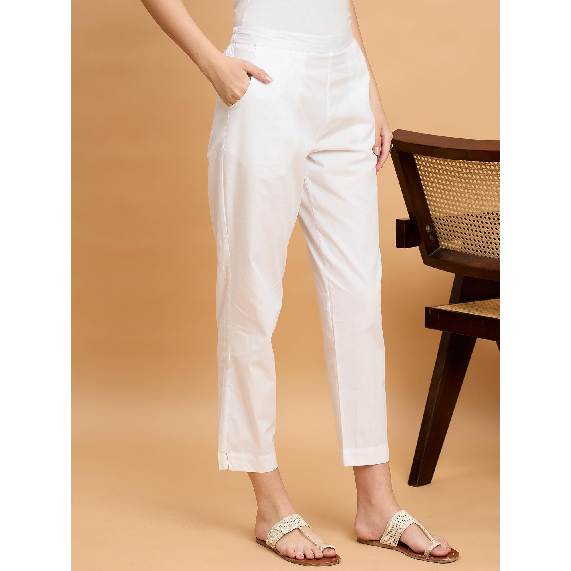 Nermosa Womens Cotton Straight Pants | Regular Fit Trousers With Pockets | Xs4Xl | Office, Casual & Ethnic Bottoms (7 Colors) (In, Alpha, Xl, Regular, White)