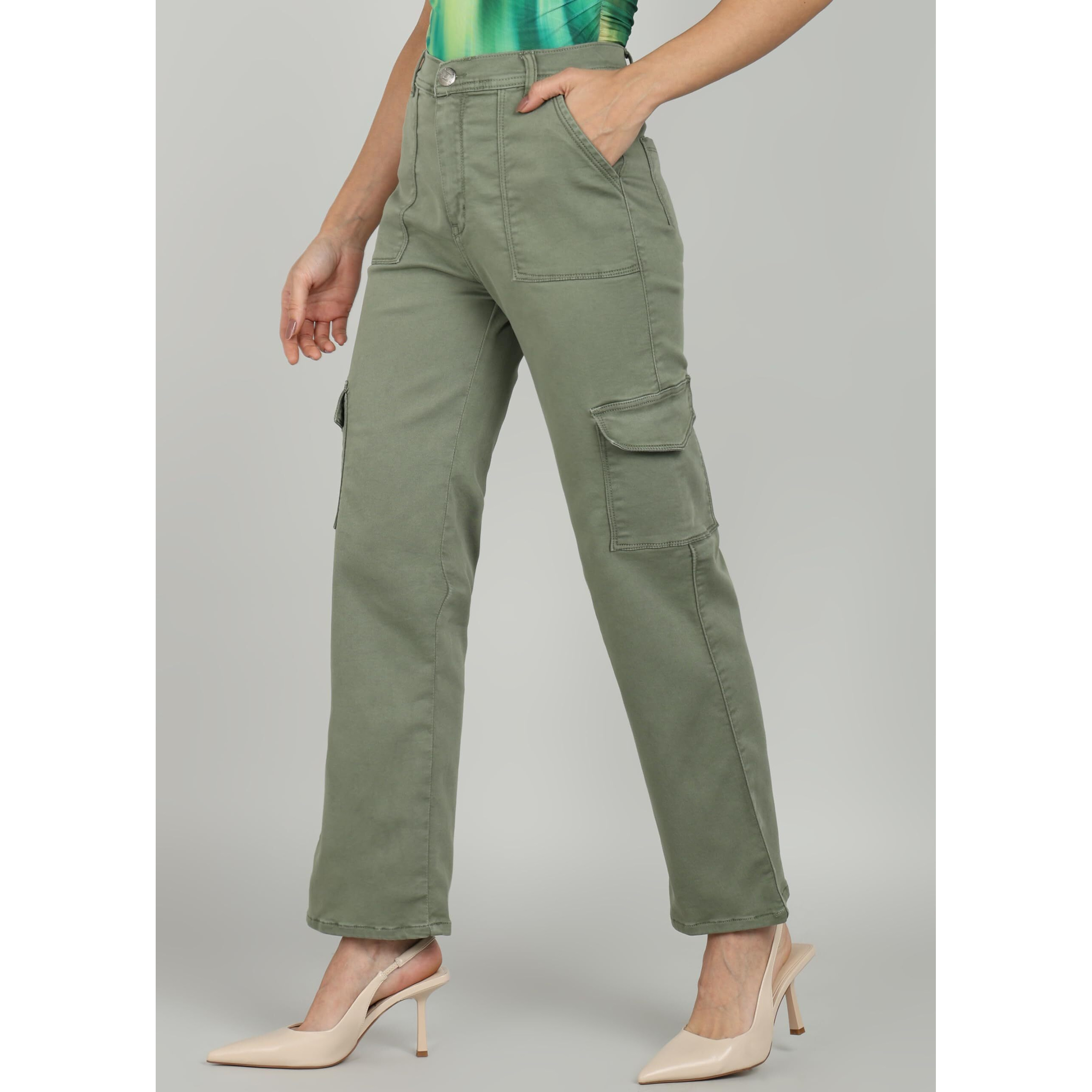 Nifty Women's Denim Relaxed Fit Olive Cargo Jeans (1466_Olve_34_Olive_34)