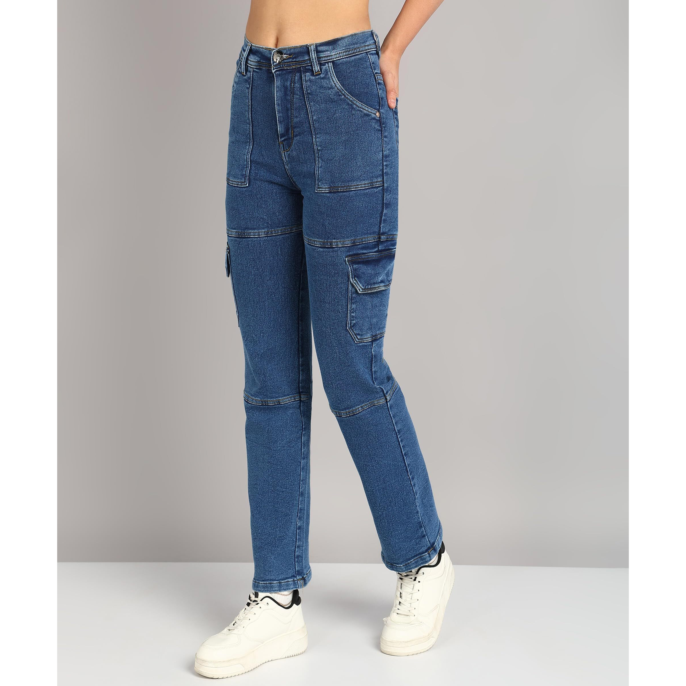 Nifty Women's Denim Blend Stretchable Cargo Jeans (1458_Ice_28_Light_Blue_28)