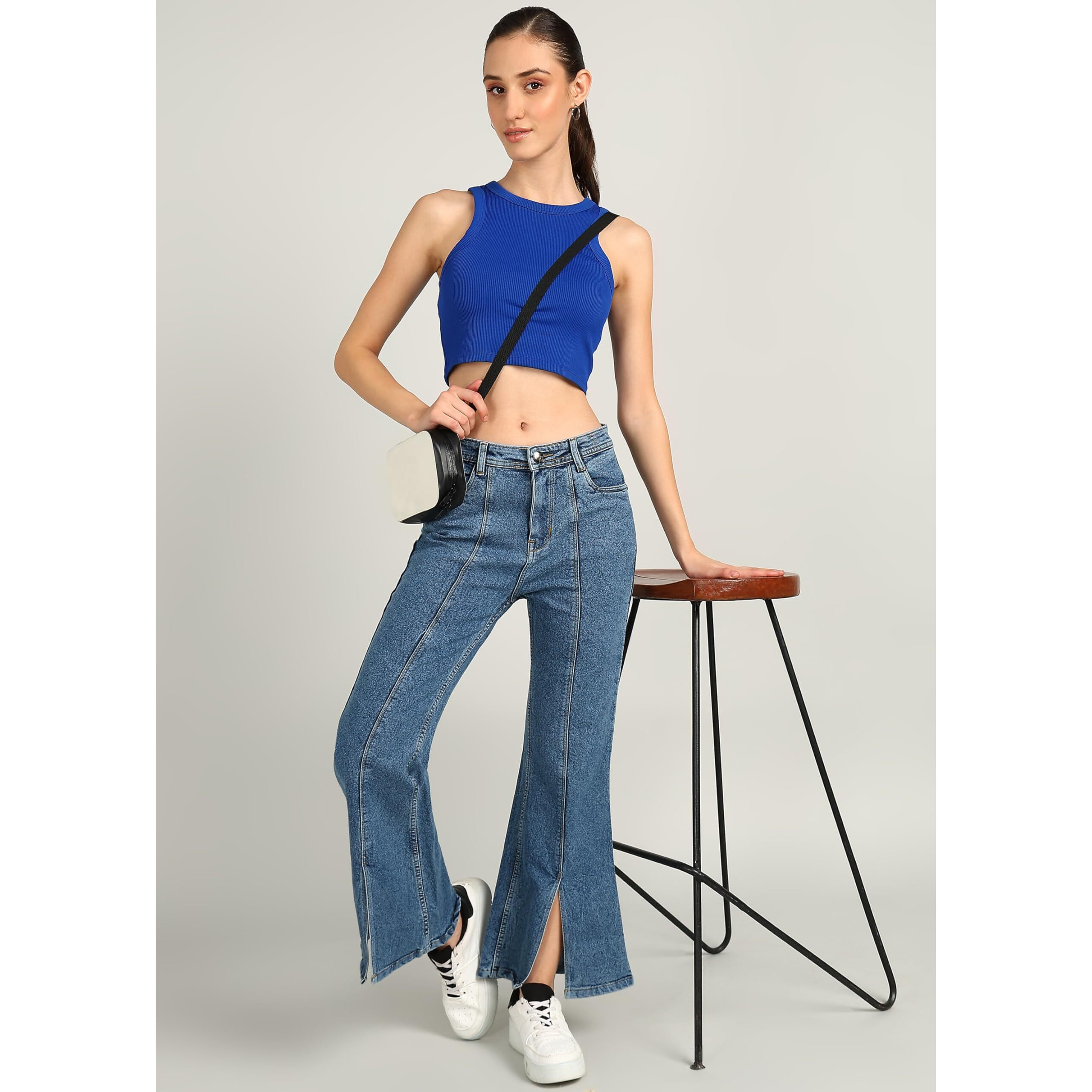 Nifty Women's Denim Slit Hem Wide Leg Jeans (1468_Bta_26_Medium_Blue_26)