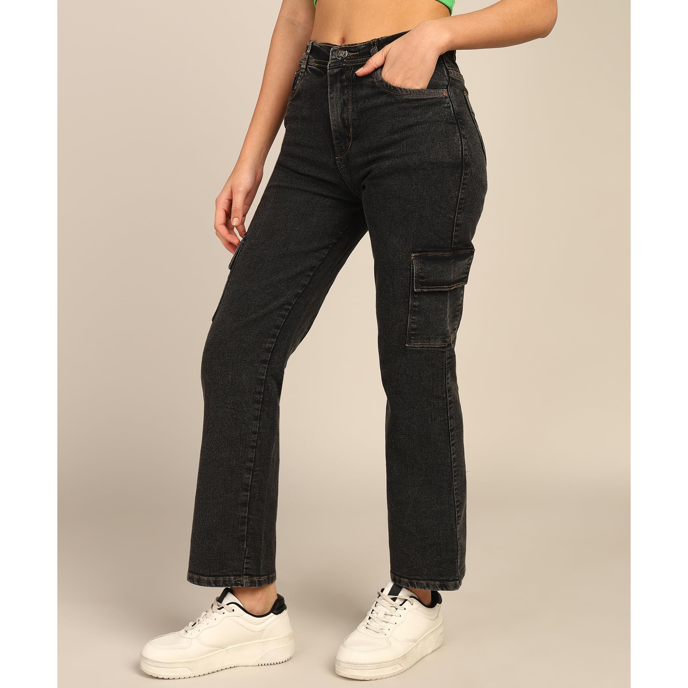 Nifty Women's Denim Boyfriend Fit Cargo Jeans (Jean_1450_Gry_30_Grey_30)