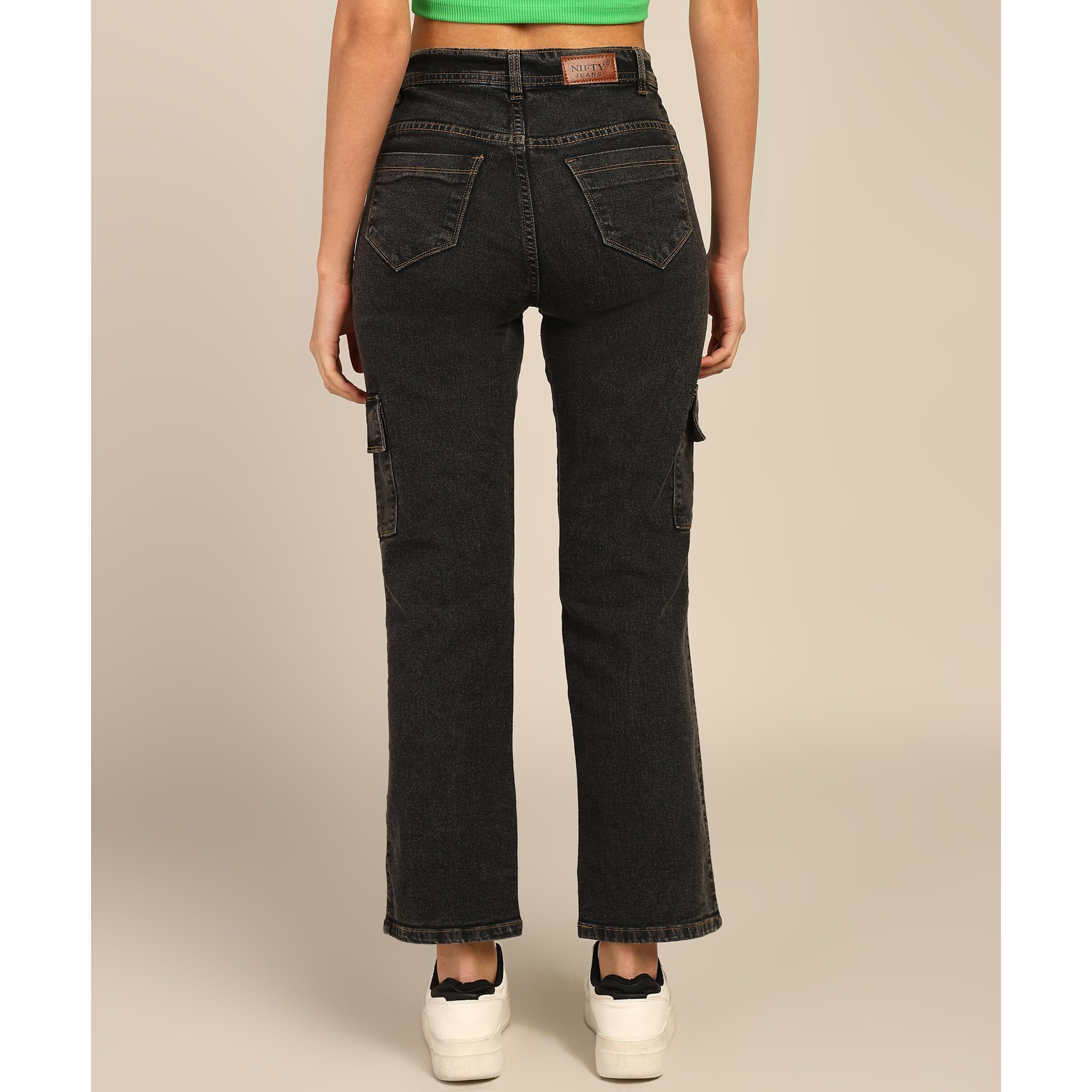 Nifty Women's Denim Boyfriend Fit Cargo Jeans (Jean_1450_Gry_26_Grey_26)
