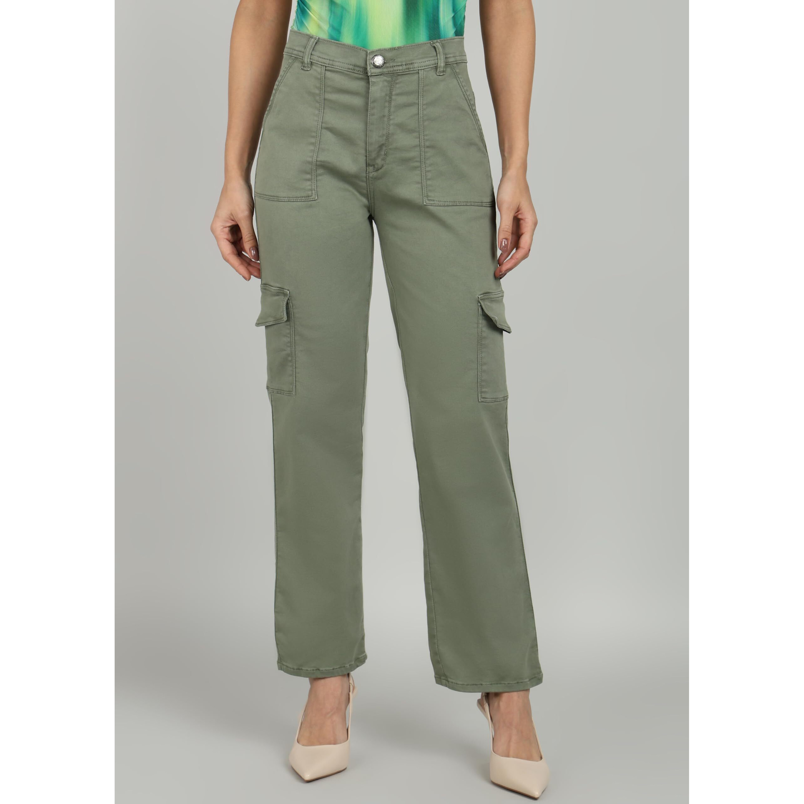 Nifty Women's Denim Relaxed Fit Olive Cargo Jeans (1466_Olve_26_Olive_26)