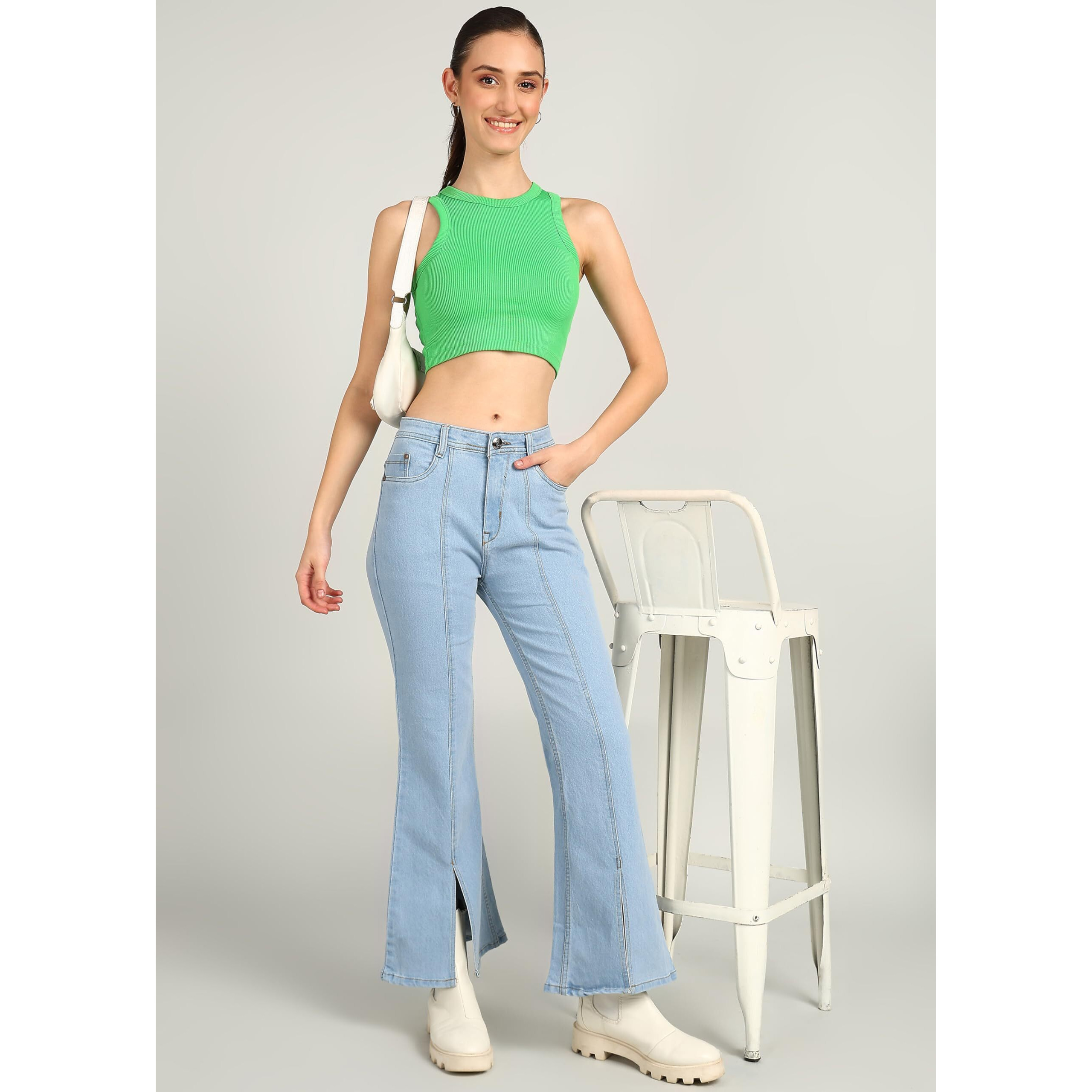 Nifty Women's Denim Slit Hem Wide Leg Jeans (1468_Ice_34_Light_Blue_34)