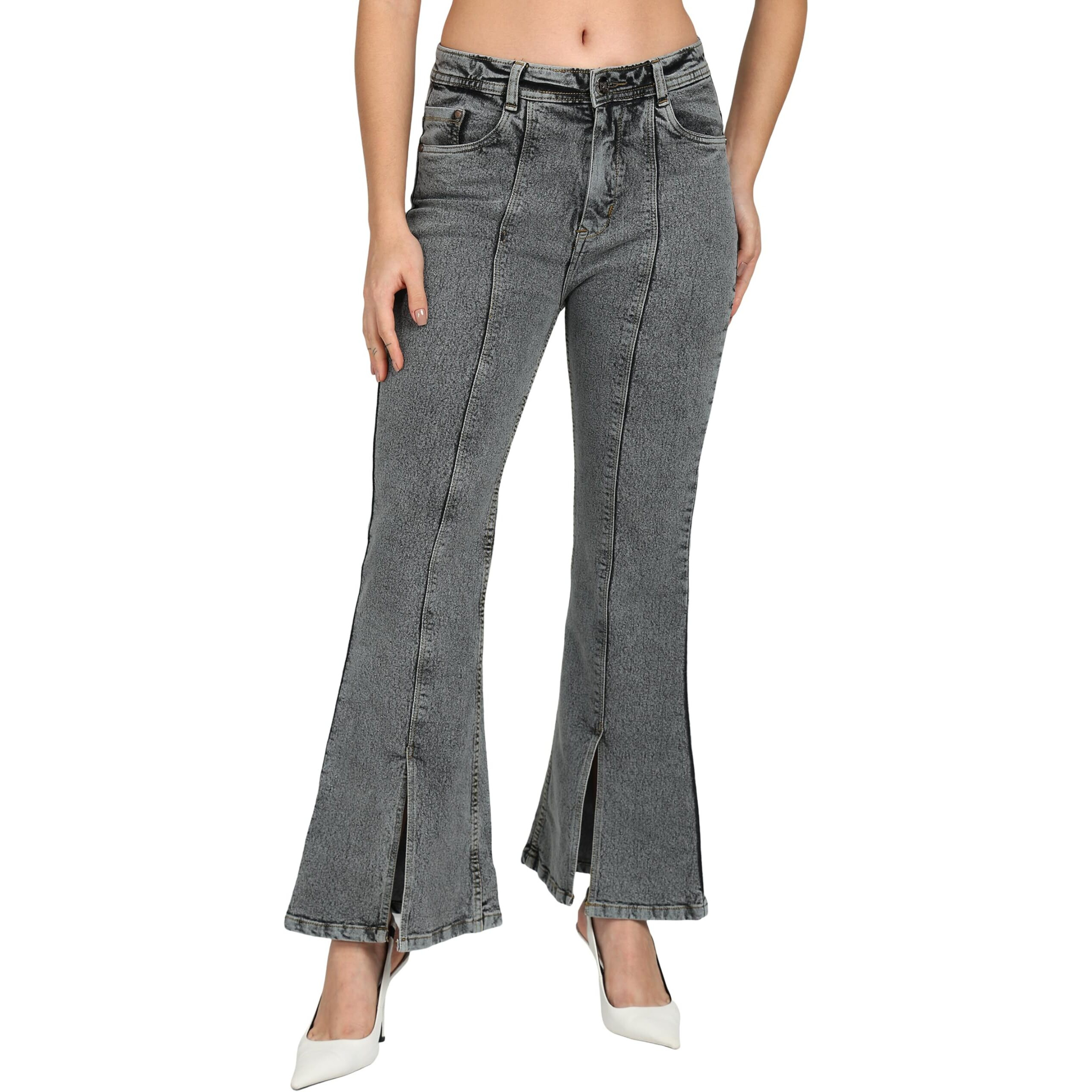 Nifty Women's Denim Slit Hem Wide Leg Jeans (1468_Gry_34_Grey_34)
