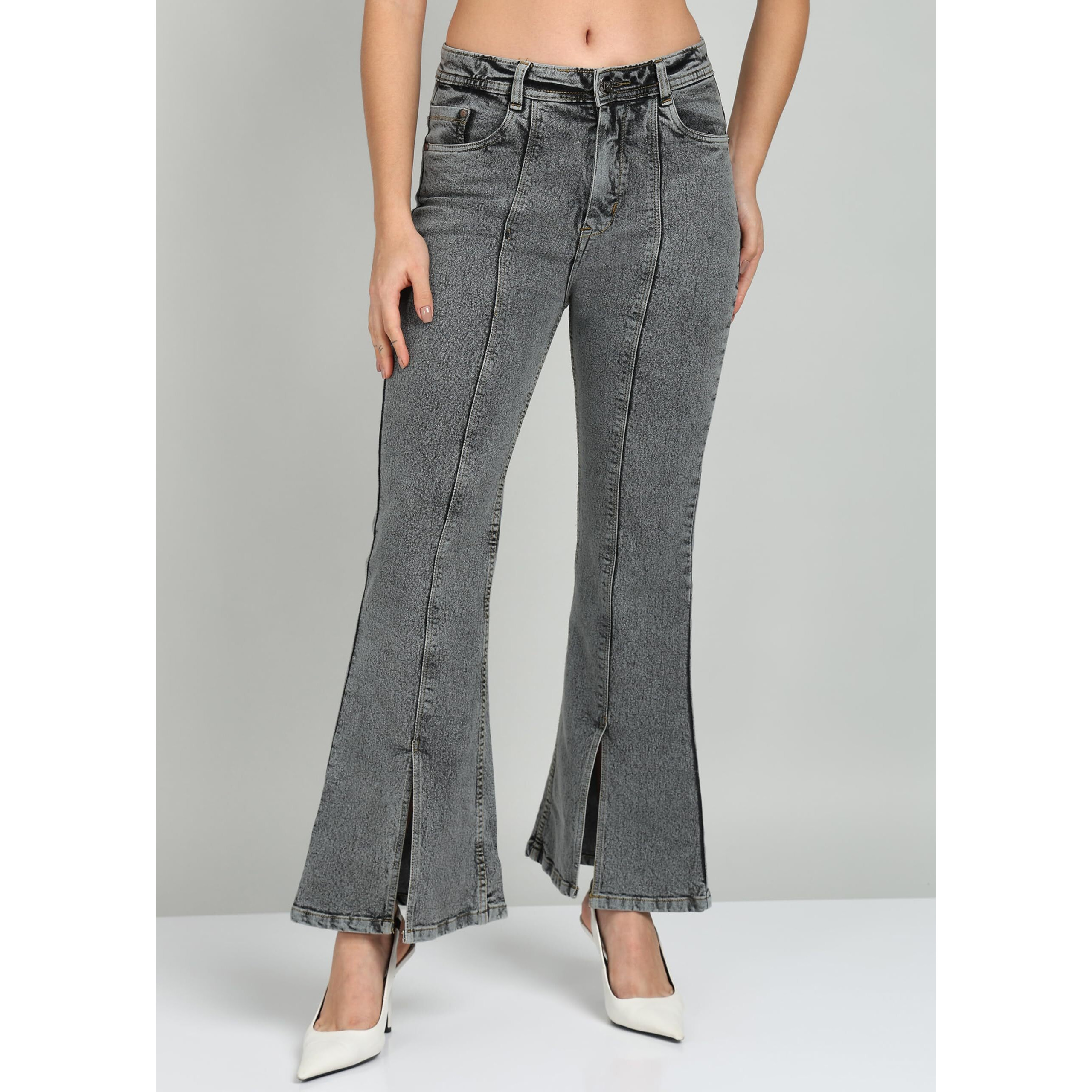 Nifty Women's Denim Slit Hem Wide Leg Jeans (1468_Gry_34_Grey_34)