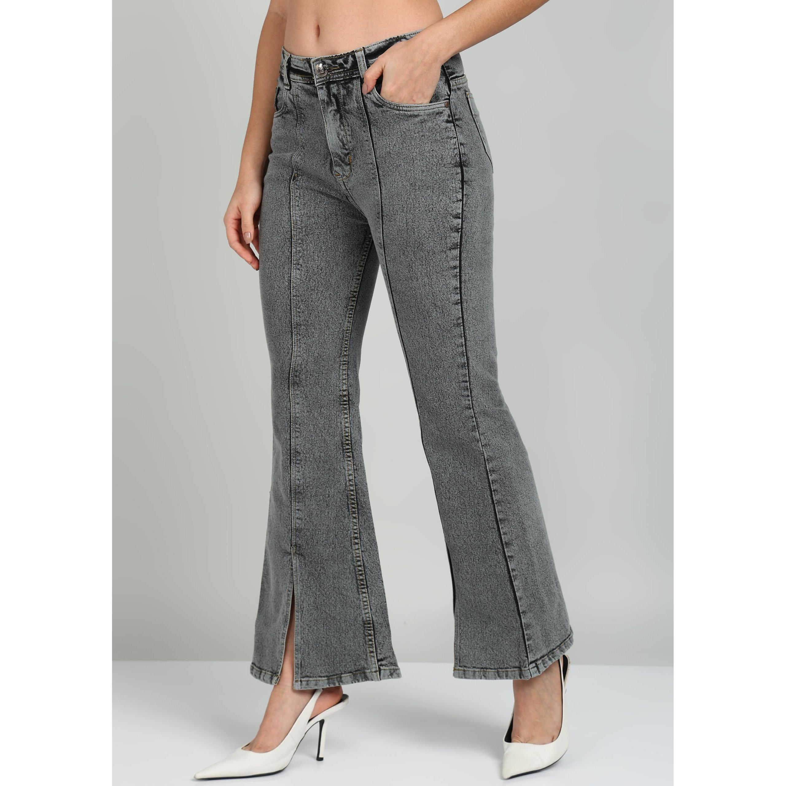 Nifty Women's Denim Slit Hem Wide Leg Jeans (1468_Gry_34_Grey_34)
