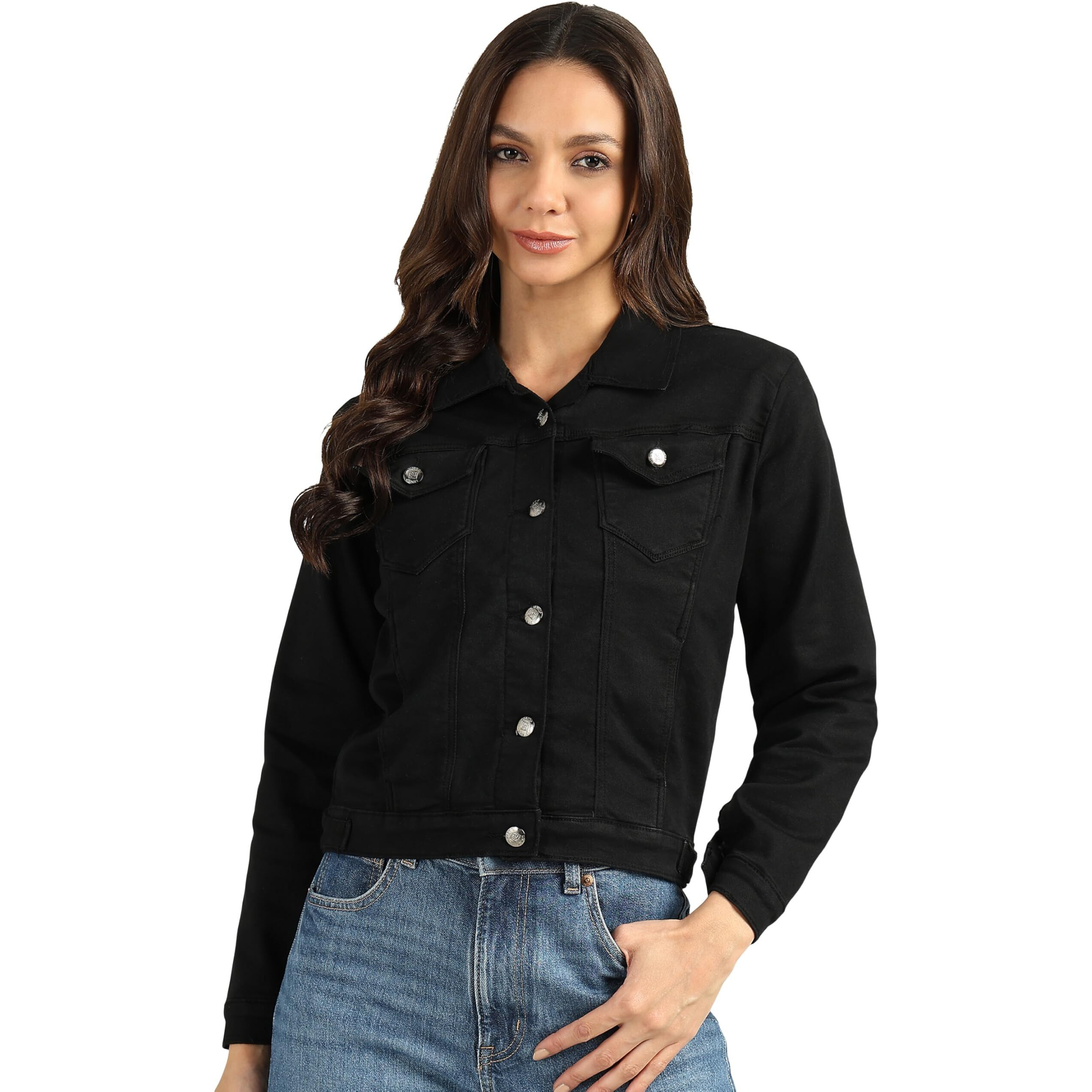Nifty Women's Denim Color Trucker Jacket (1471_Jckt_Blk_L_Black_L)
