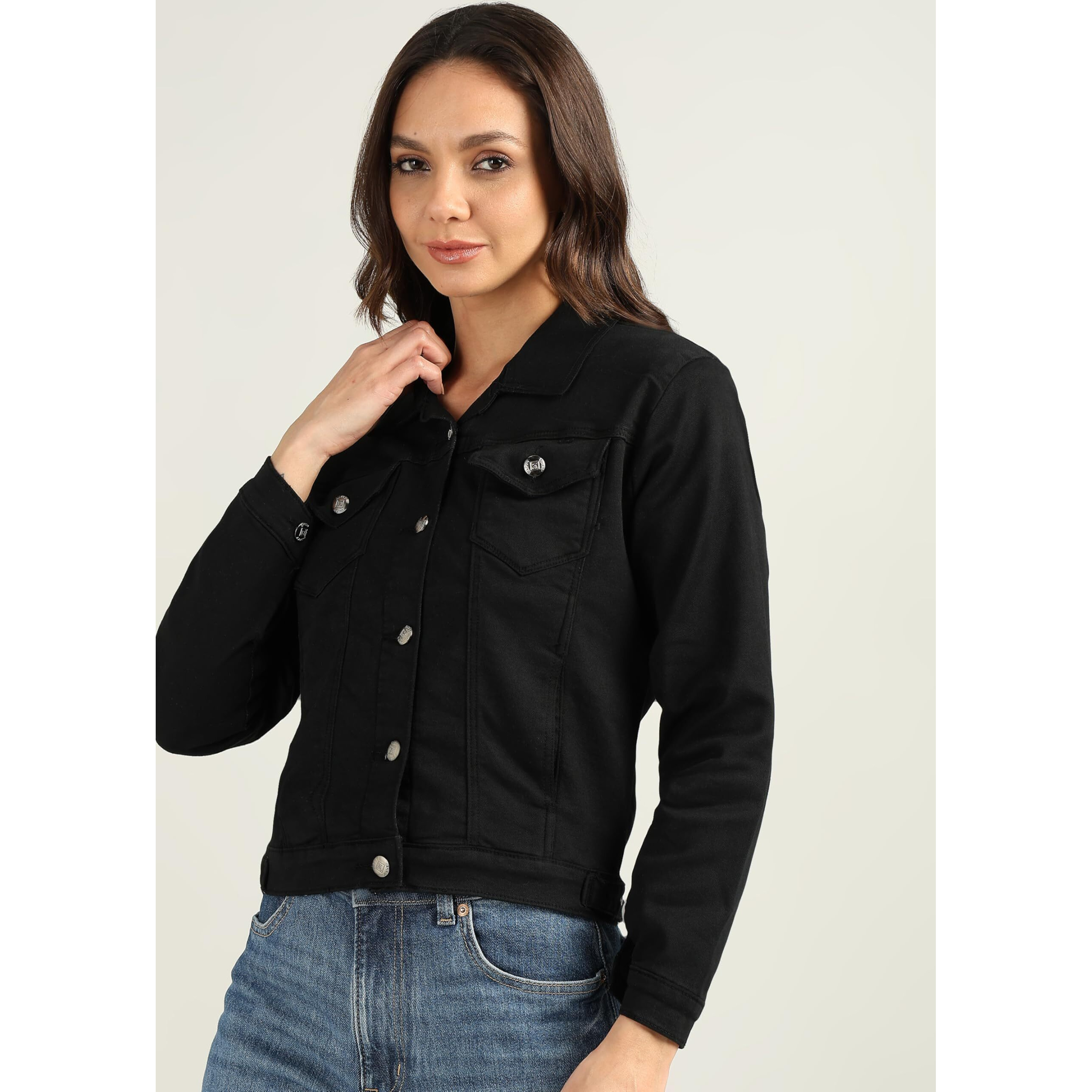 Nifty Women's Denim Color Trucker Jacket (1471_Jckt_Blk_L_Black_L)