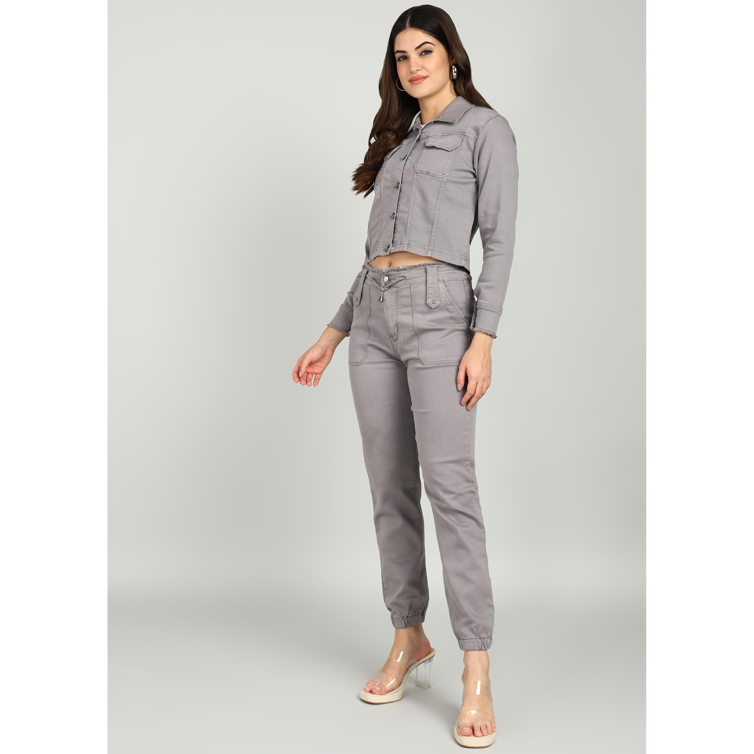 Nifty Women's Denim Jacket And Joggers Coord Set (1470_Combo_Grey_Xl_Grey_Xl)