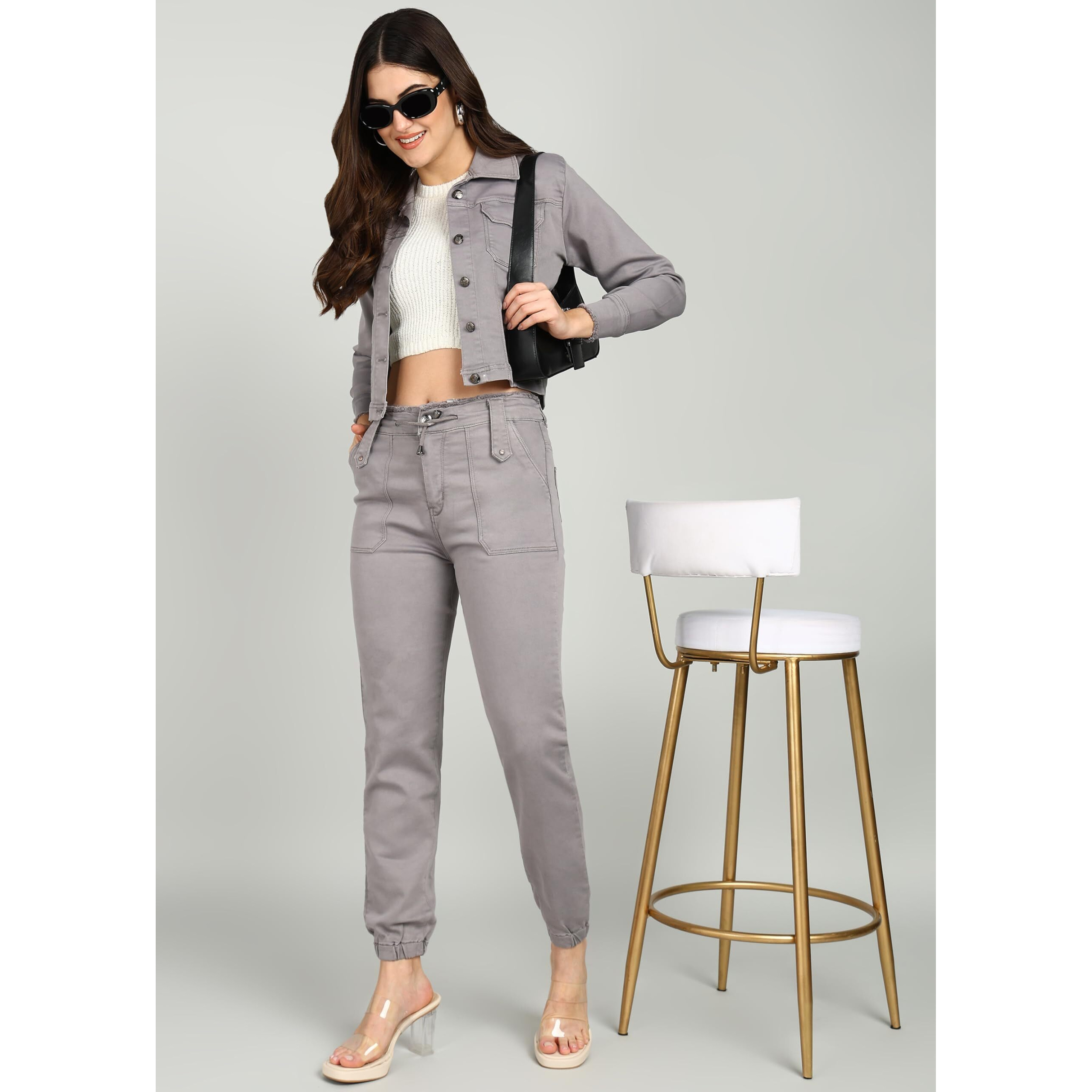 Nifty Women's Denim Jacket And Joggers Coord Set (1470_Combo_Grey_Xl_Grey_Xl)