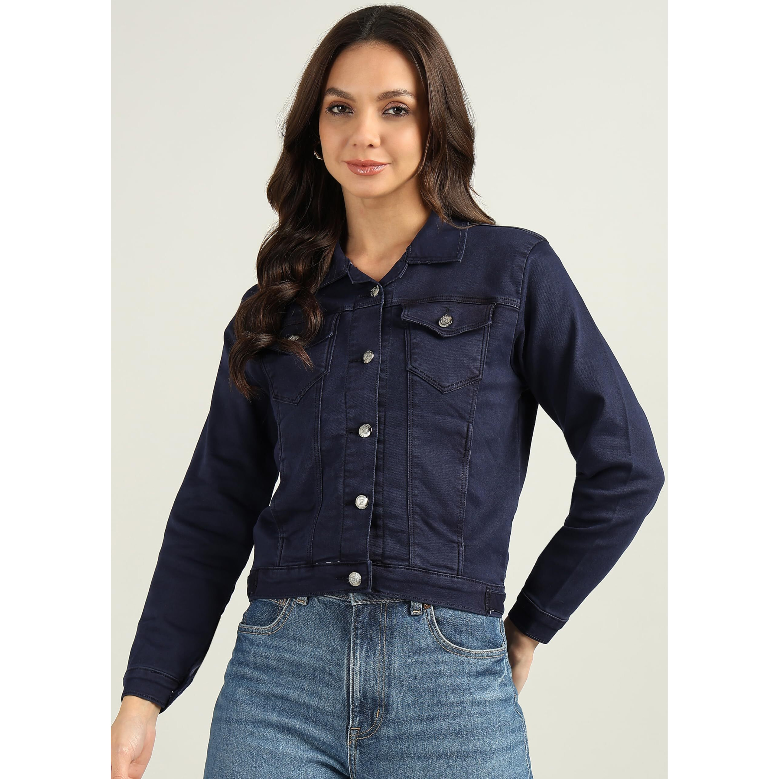 Nifty Women's Denim Color Trucker Jacket (1471_Jckt_Blu_Xl_Blue_Xl)