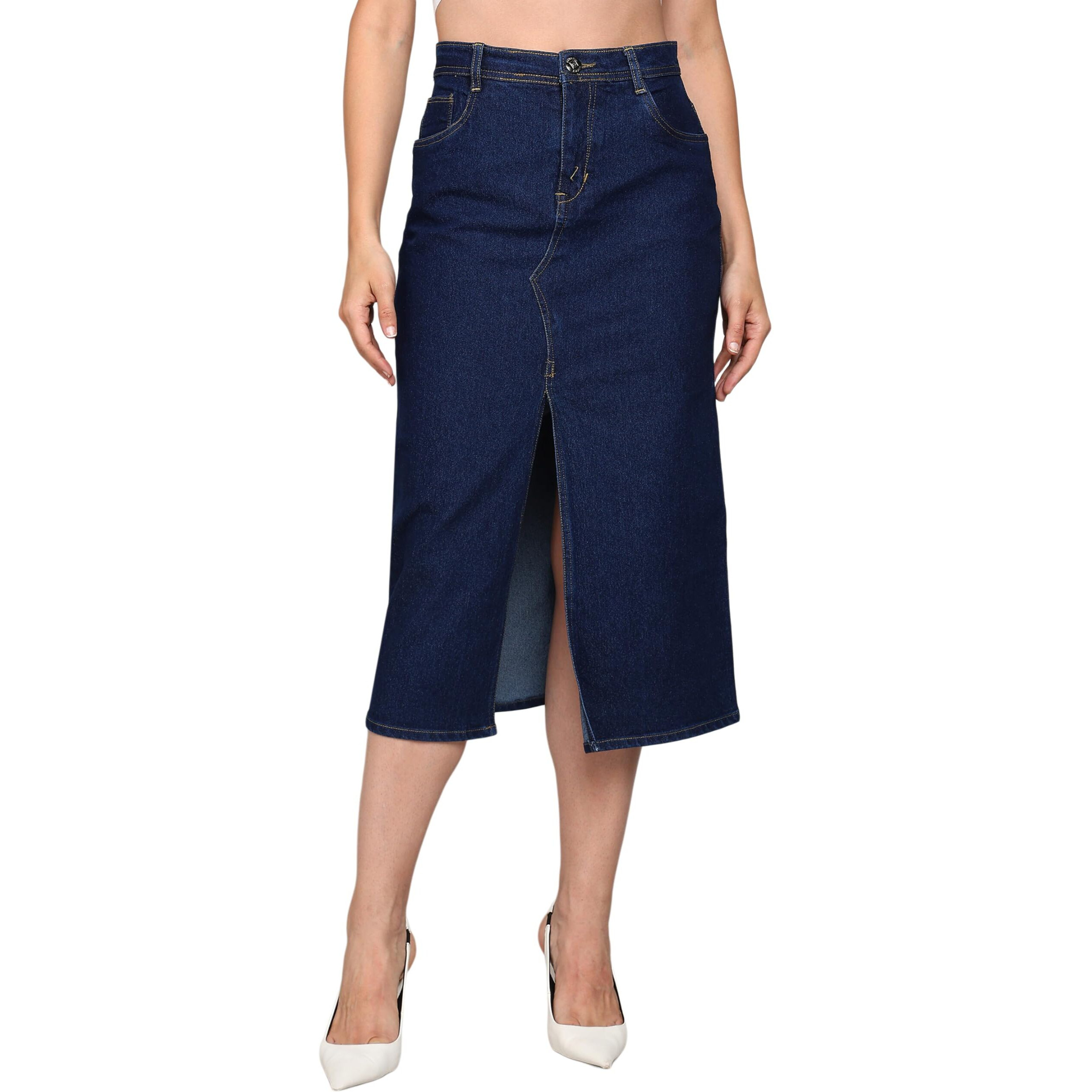 Nifty Women's Front Slit Midi Denim Skirt (1464_Bsc_30_Blue_30)