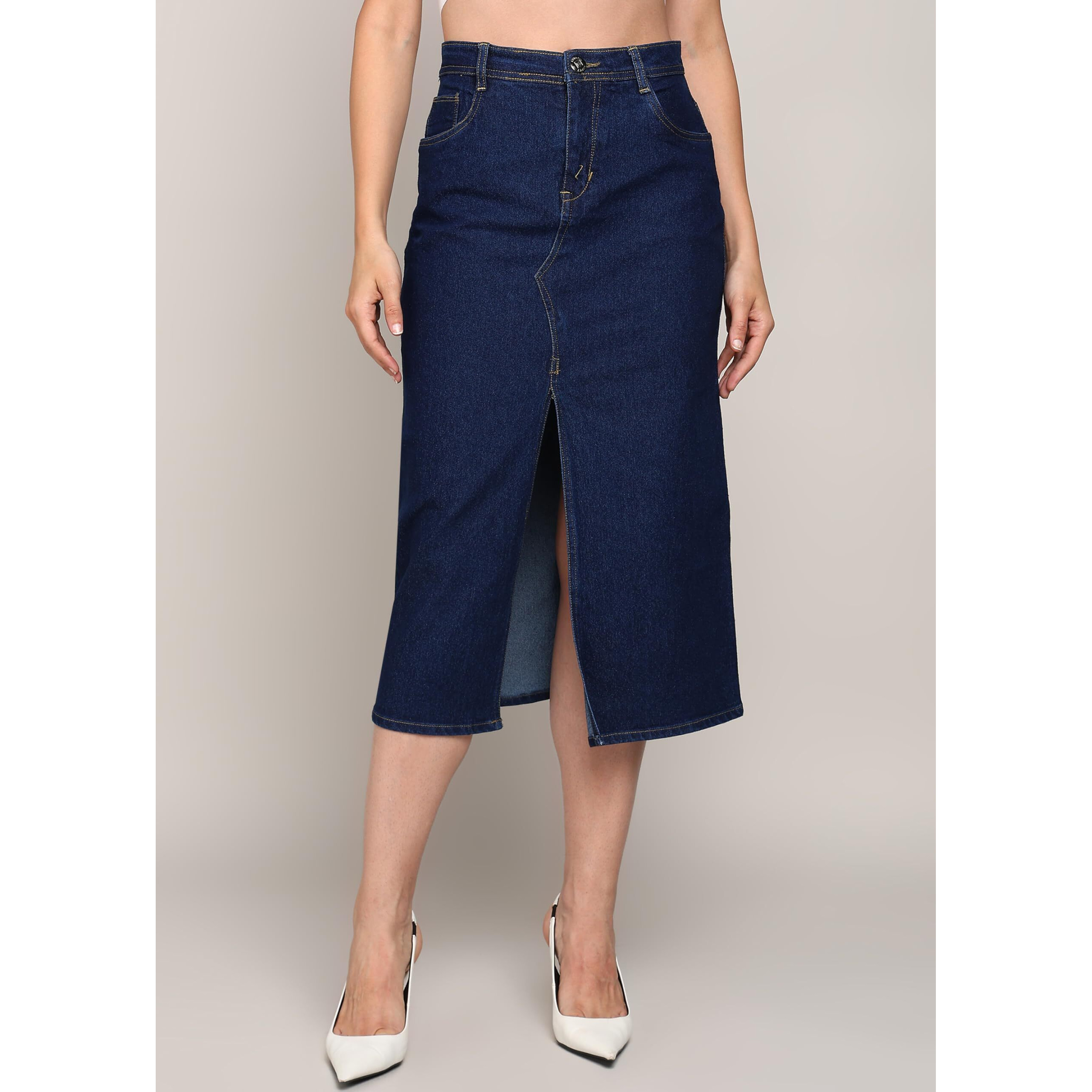 Nifty Women's Front Slit Midi Denim Skirt (1464_Bsc_30_Blue_30)