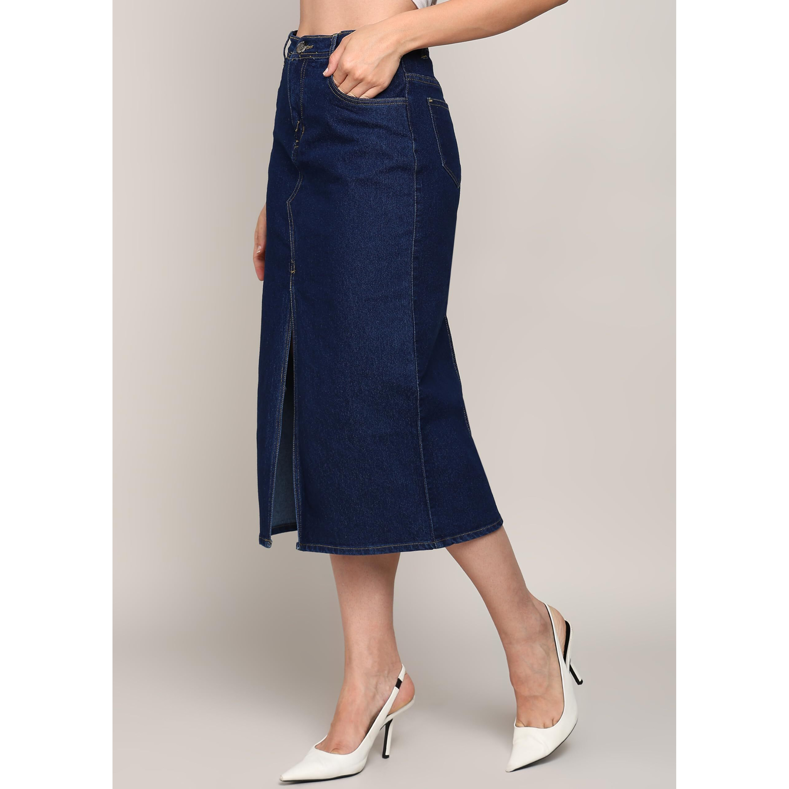 Nifty Women's Front Slit Midi Denim Skirt (1464_Bsc_30_Blue_30)