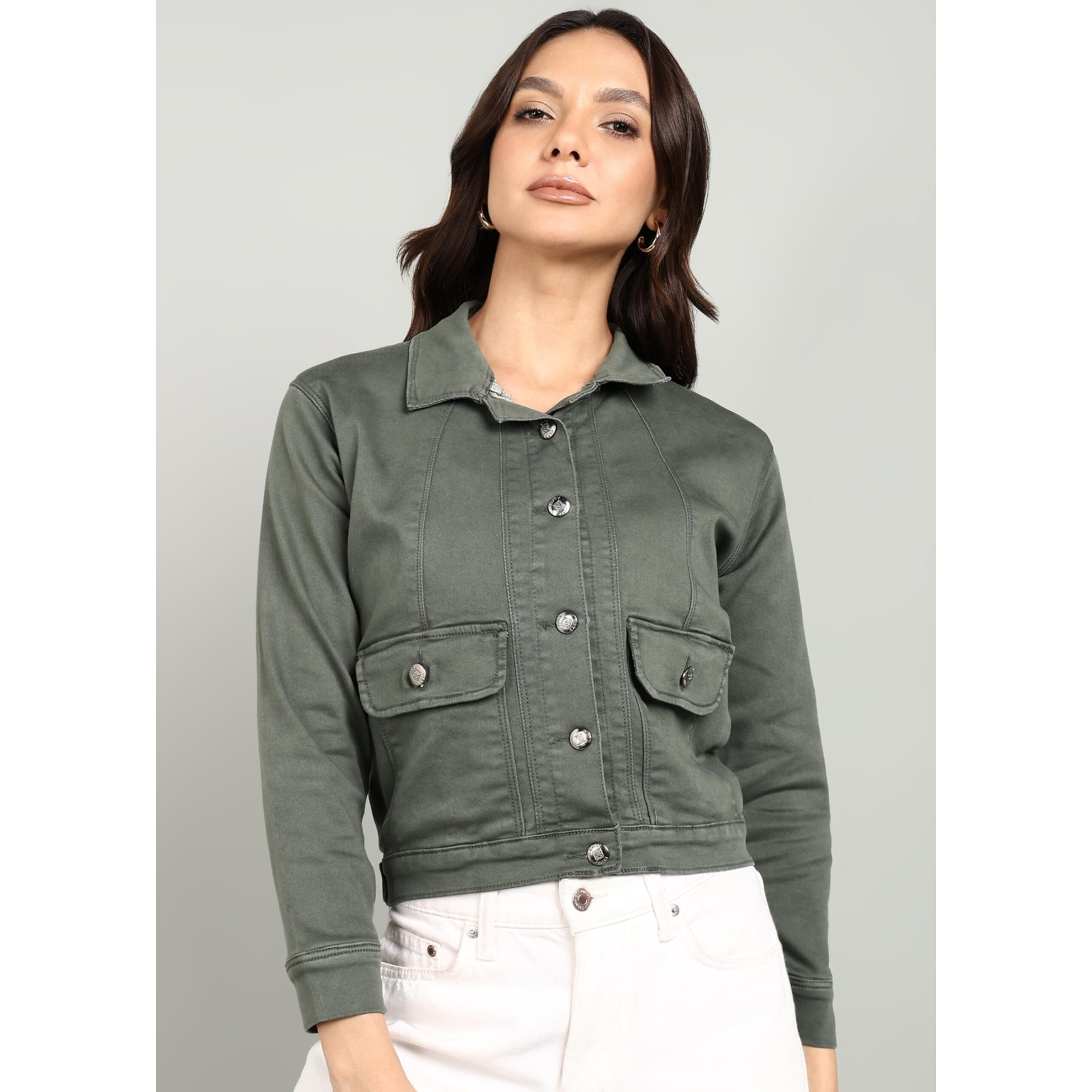 Nifty Women's Denim Front Pocket Jacket (1473_Jckt_Gren_L_Green_L)