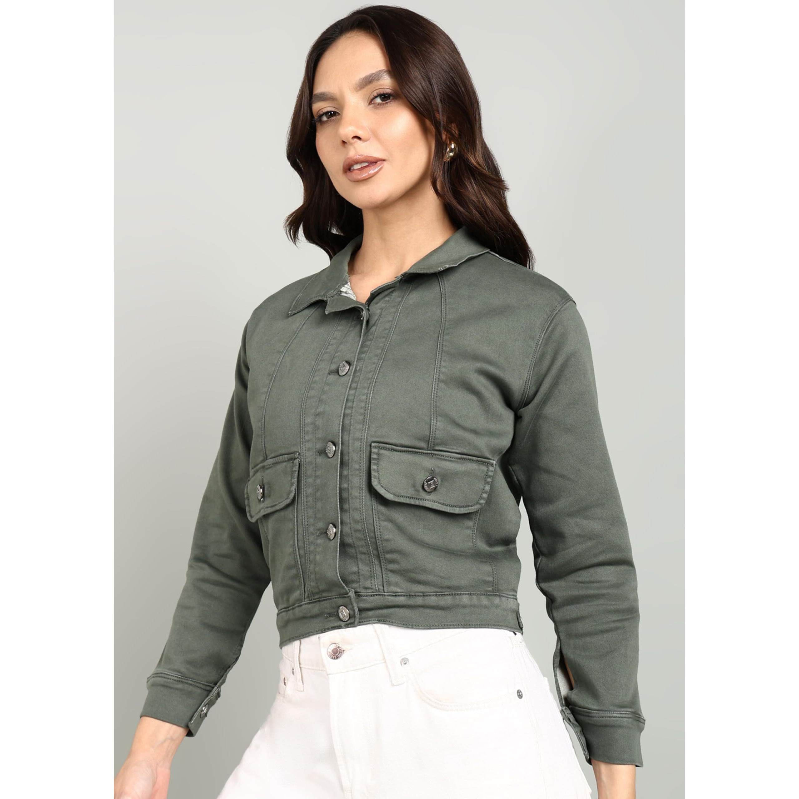 Nifty Women's Denim Front Pocket Jacket (1473_Jckt_Gren_L_Green_L)