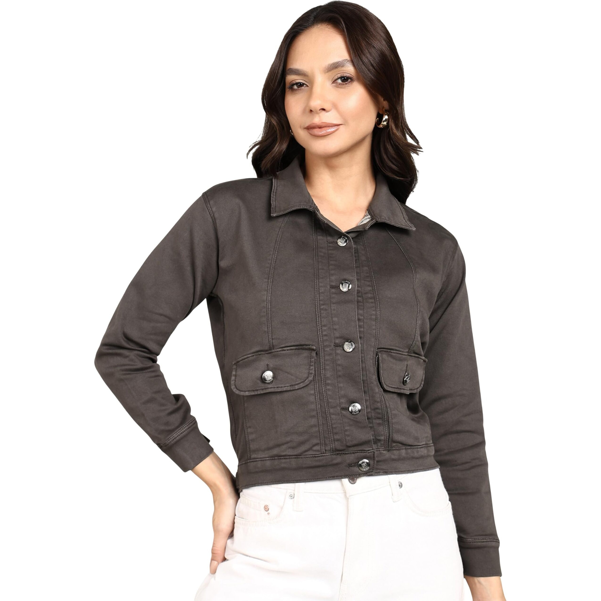 Nifty Women's Denim Front Pocket Jacket (1473_Jckt_Dgrey_L_Dark_Grey_L)