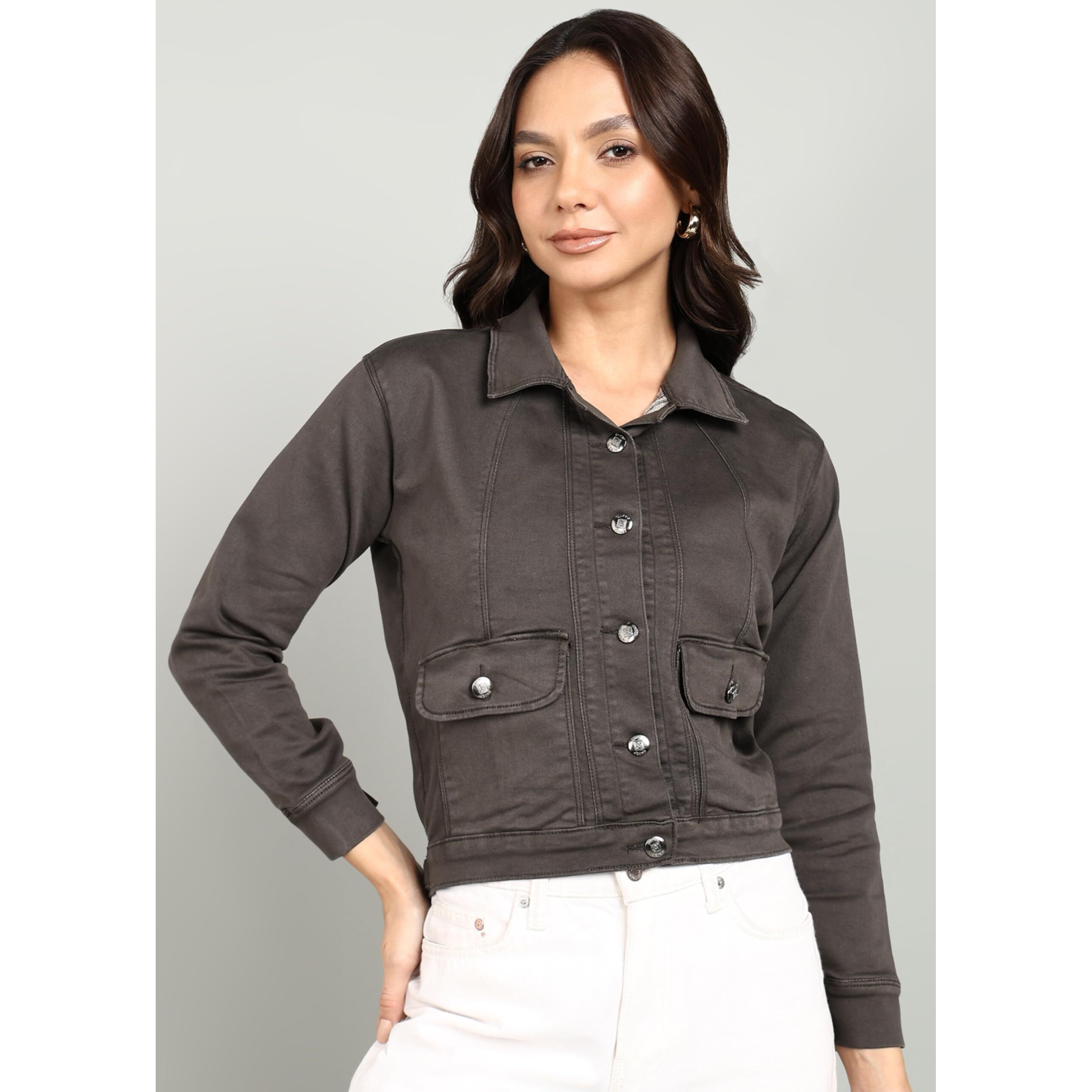 Nifty Women's Denim Front Pocket Jacket (1473_Jckt_Dgrey_L_Dark_Grey_L)