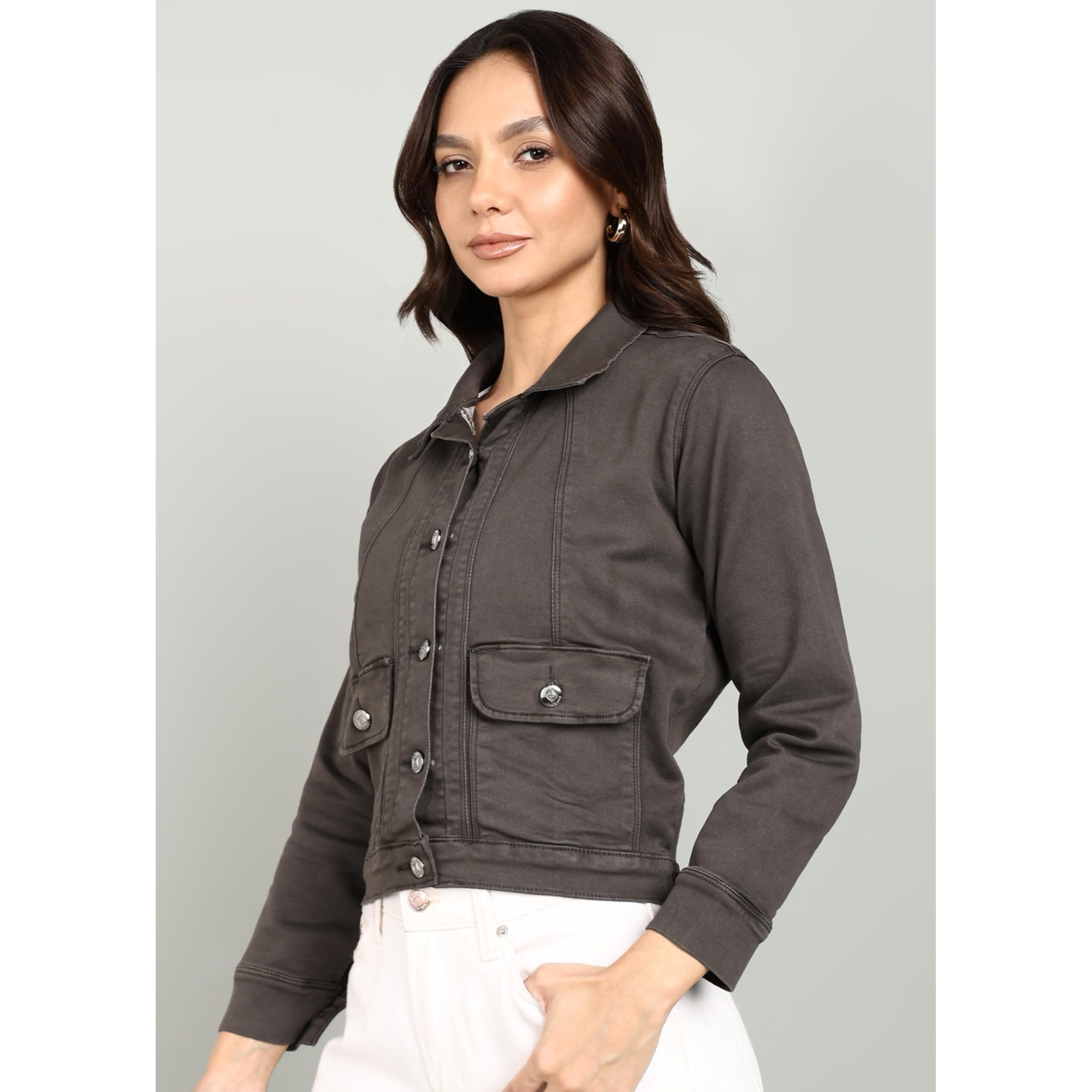 Nifty Women's Denim Front Pocket Jacket (1473_Jckt_Dgrey_L_Dark_Grey_L)