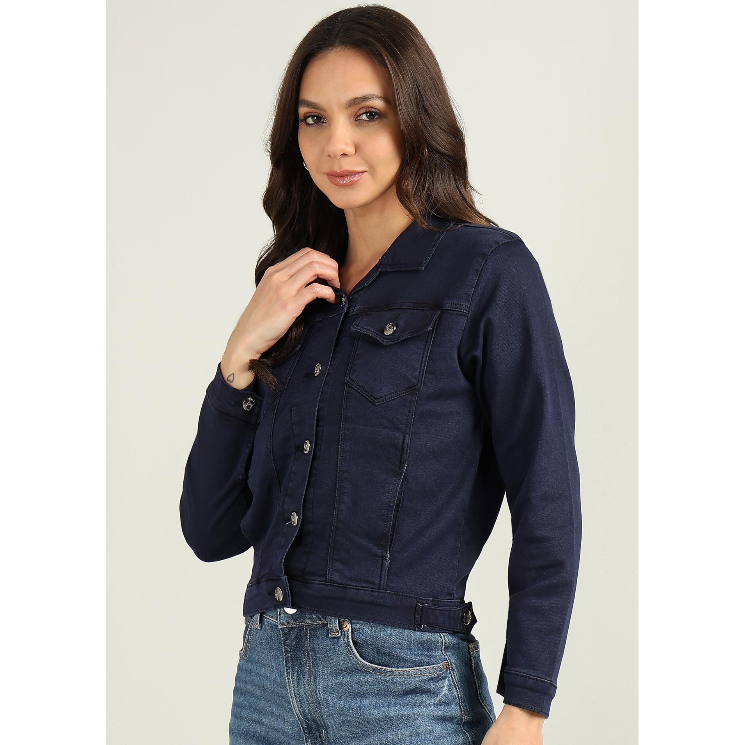 Nifty Women's Denim Color Trucker Jacket (1471_Jckt_Blu_L_Blue_L)