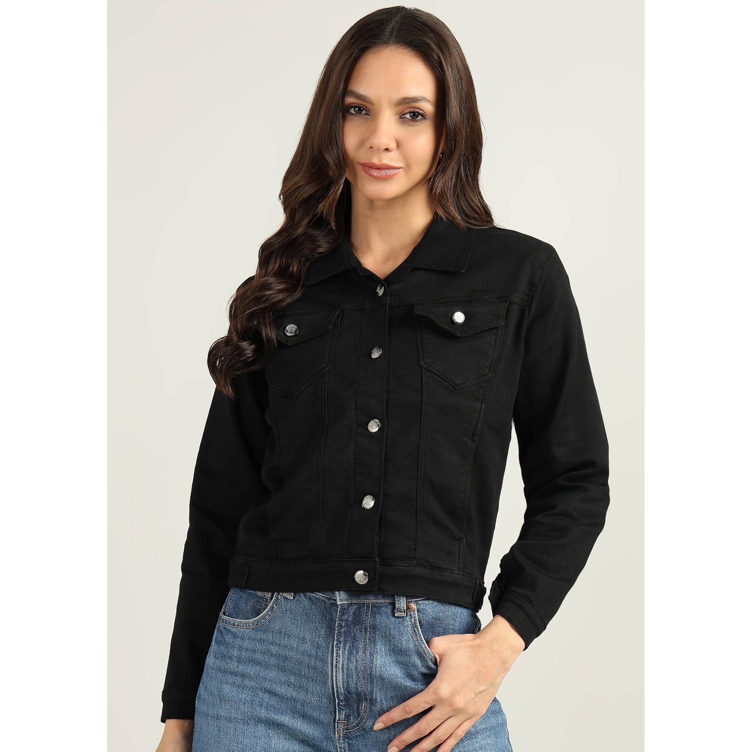 Nifty Women's Denim Color Trucker Jacket (1471_Jckt_Blk_Xl_Black_Xl)