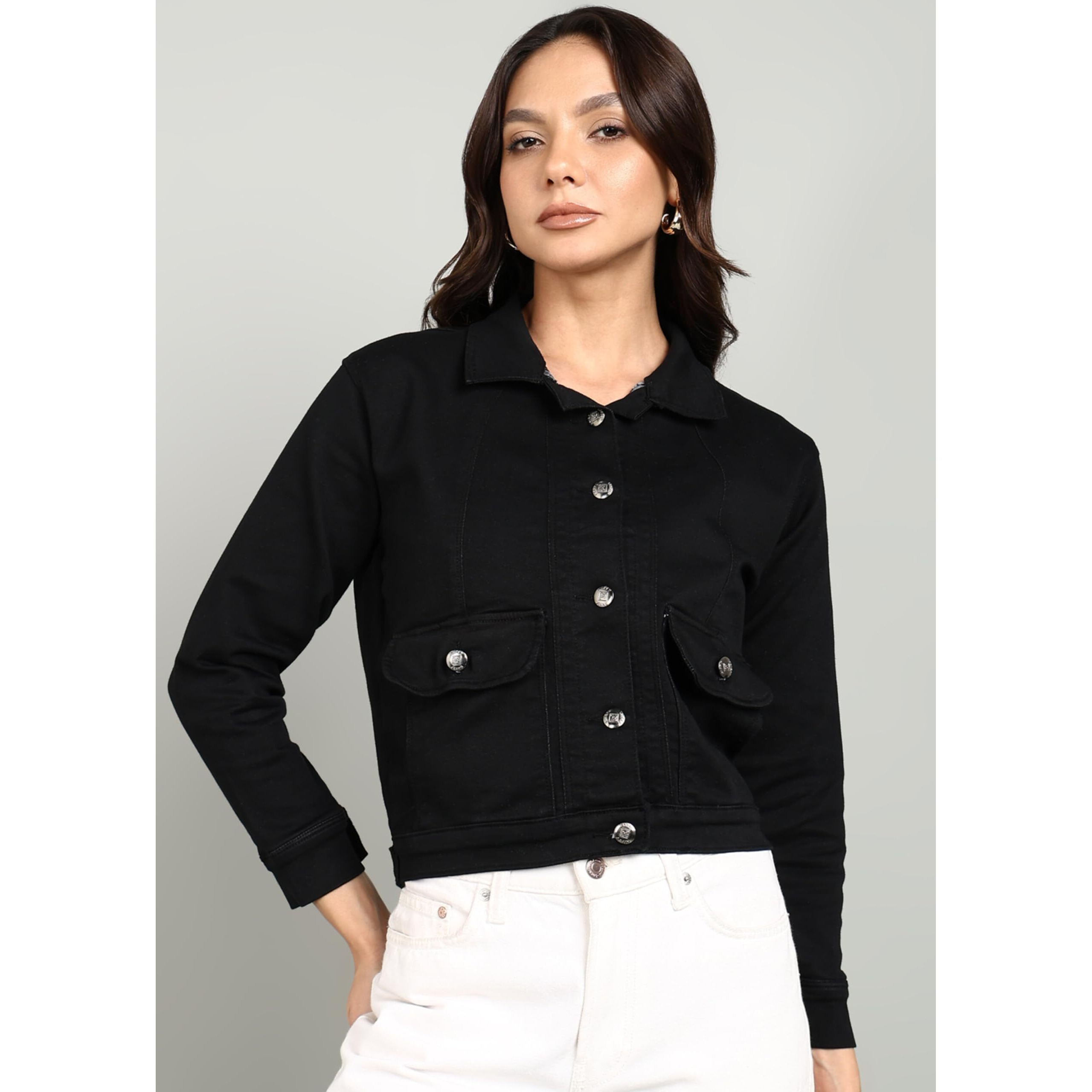 Nifty Women's Denim Front Pocket Jacket (1473_Jckt_Blk_Xl_Black_Xl)