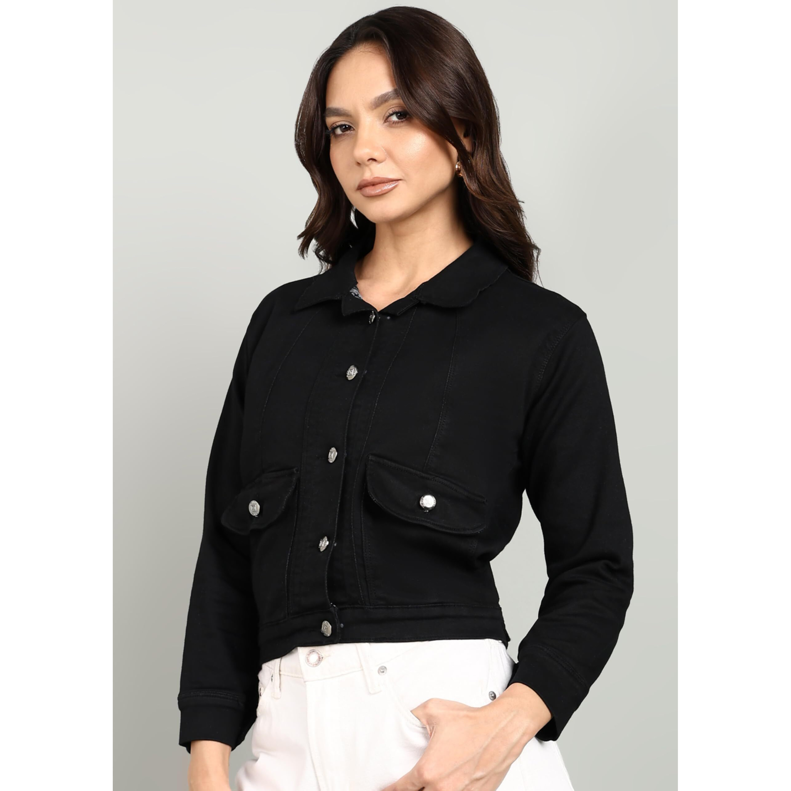 Nifty Women's Denim Front Pocket Jacket (1473_Jckt_Blk_Xl_Black_Xl)