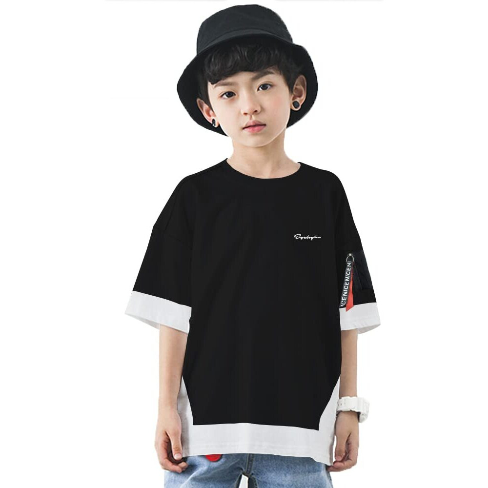 Eyebogler Boy's Trendy Round Neck Half Sleeves Loose Fit Solid T-Shirt Black White