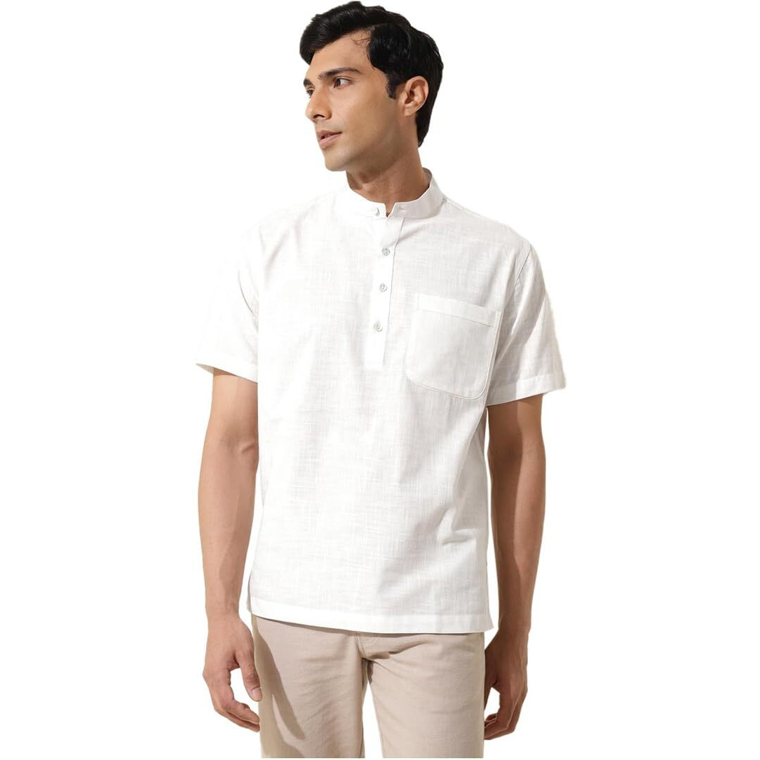 Fabindia Men's Solid Relaxed Fit Shirt (2123224White_White