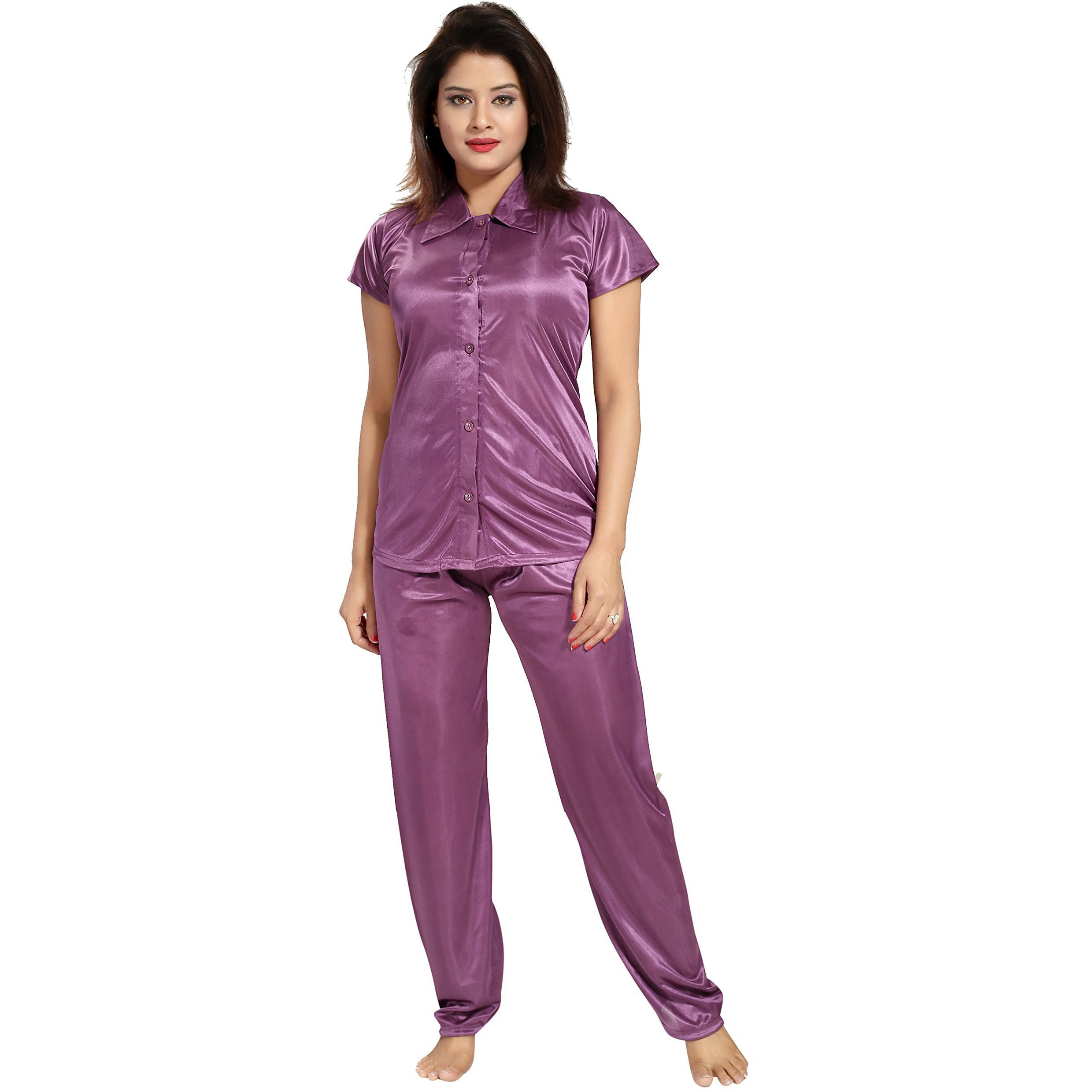 Fabme Women's Plain Satin Night Suit (Shirt And Pyjama) - Light Wine - Medium